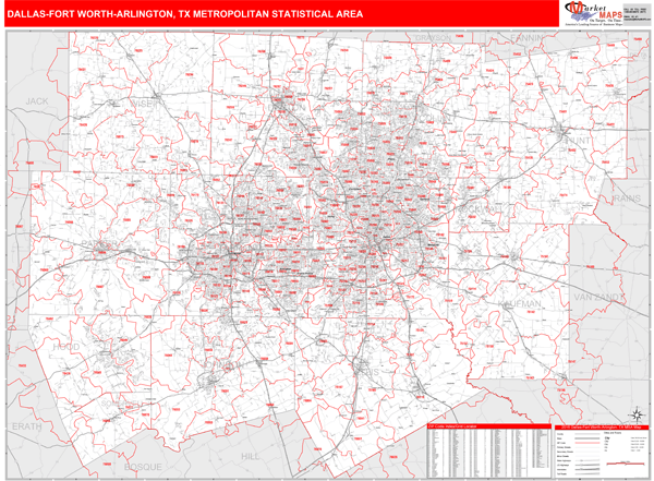 Dallas-Fort Worth-Arlington, TX Metro Area Wall Map Red Line Style by ...