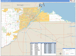 Lucas County, OH Zip Code Wall Map Basic Style by MarketMAPS