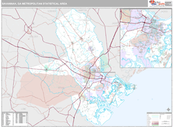 Savannah, GA Metro Area Zip Code Wall Map Premium Style by MarketMAPS