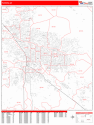 Tucson Arizona Zip Code Wall Map (Red Line Style) by MarketMAPS