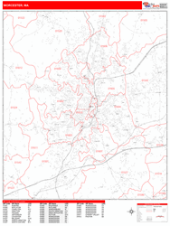 Worcester Massachusetts Zip Code Wall Map (Red Line Style) by MarketMAPS