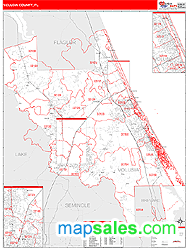 Volusia County, FL Zip Code Wall Map Red Line Style by MarketMAPS