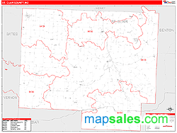 St. Clair County, MO Zip Code Wall Map Red Line Style by MarketMAPS