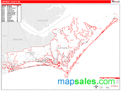 Carteret County, NC Zip Code Wall Map Red Line Style by MarketMAPS