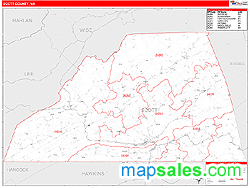 Scott County, VA Zip Code Wall Map Red Line Style by MarketMAPS