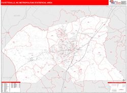 Fayetteville, NC Metro Area Zip Code Wall Map Red Line Style by MarketMAPS