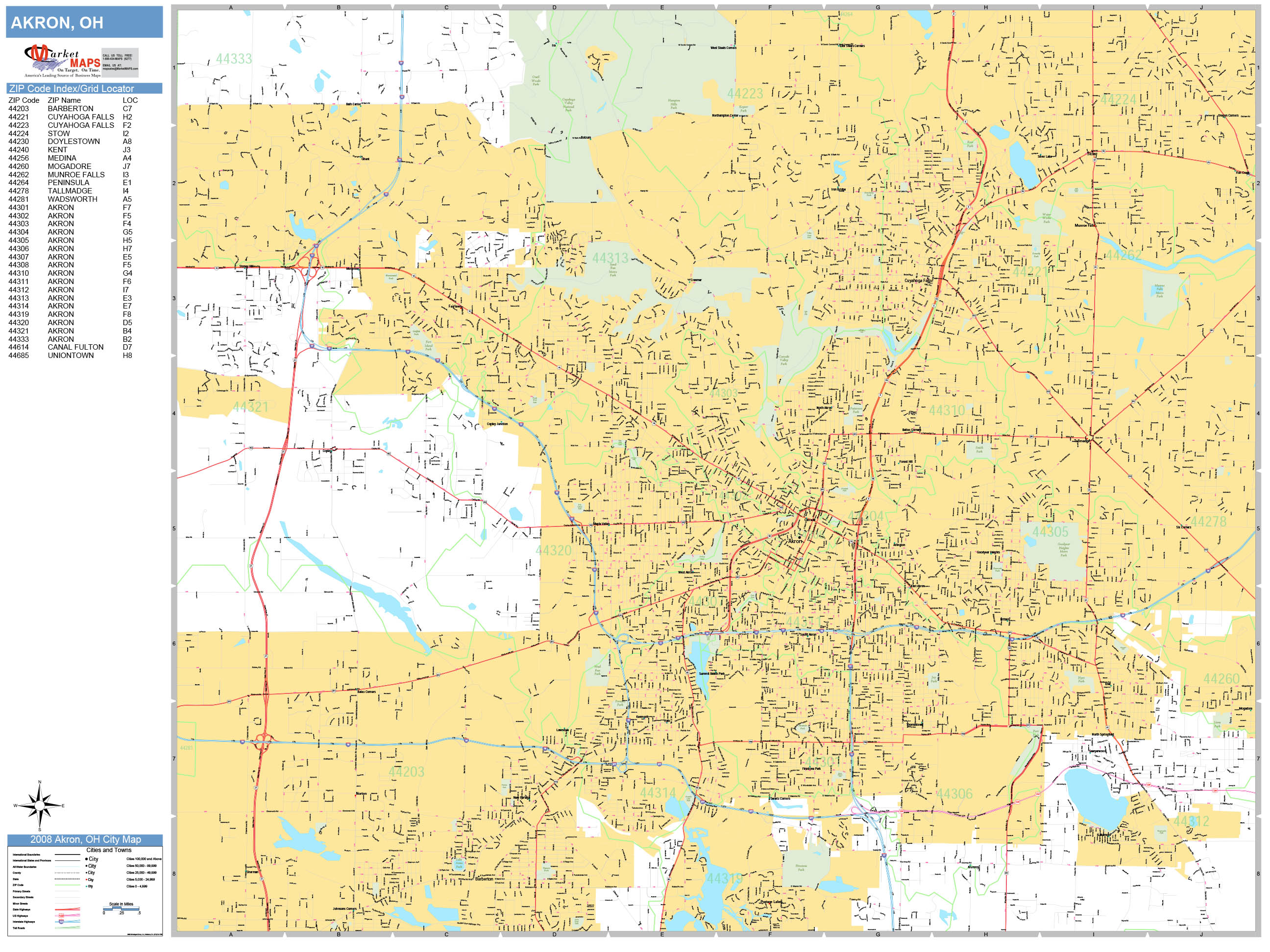 Akron Ohio Wall Map (Basic Style) by MarketMAPS - MapSales