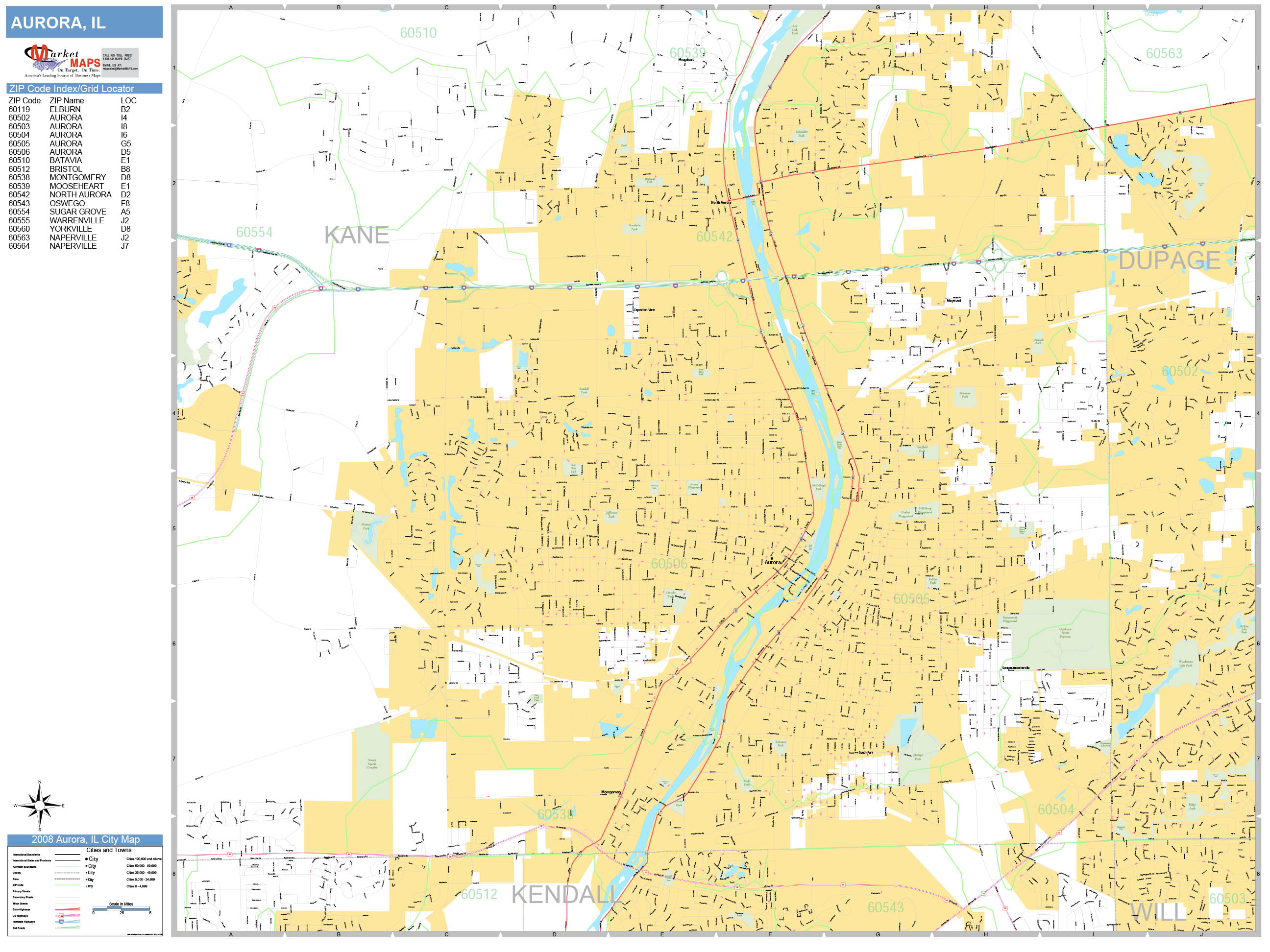 Aurora Illinois Wall Map (Basic Style) by MarketMAPS - MapSales.com