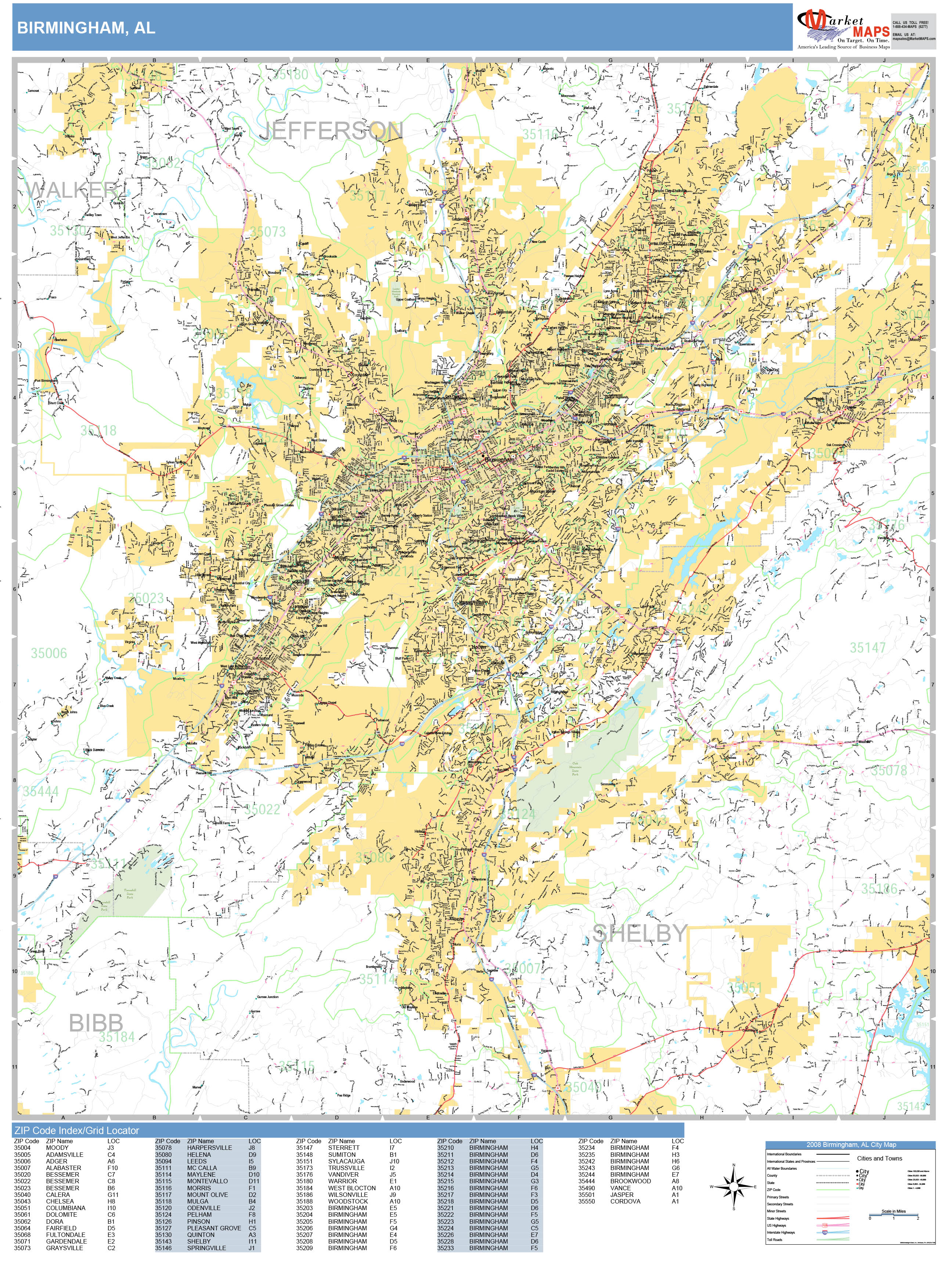 Birmingham Alabama Wall Map (Basic Style) by MarketMAPS - MapSales