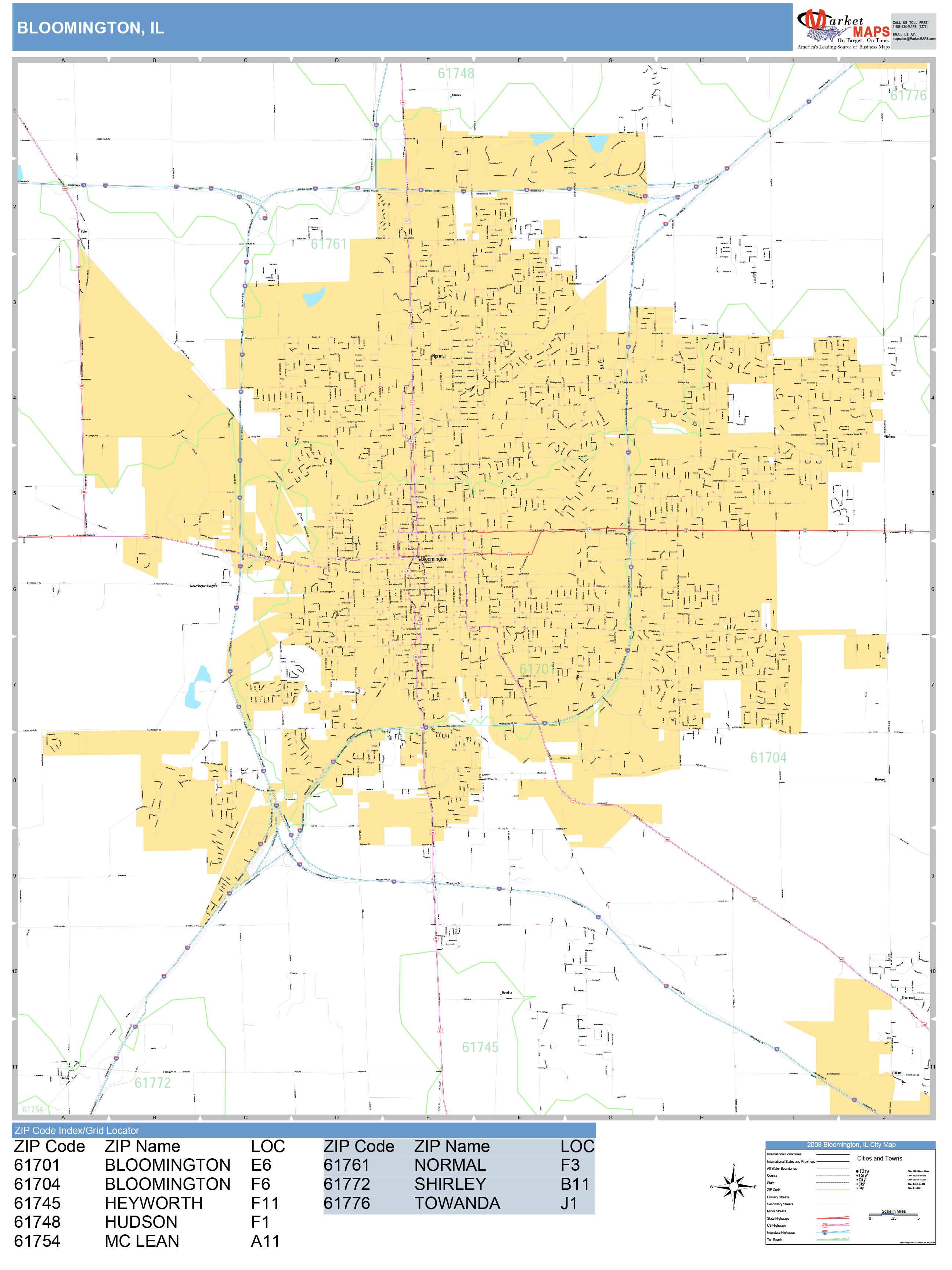 Bloomington Illinois Wall Map Basic Style By MarketMAPS MapSales Com   Bloomington IL 