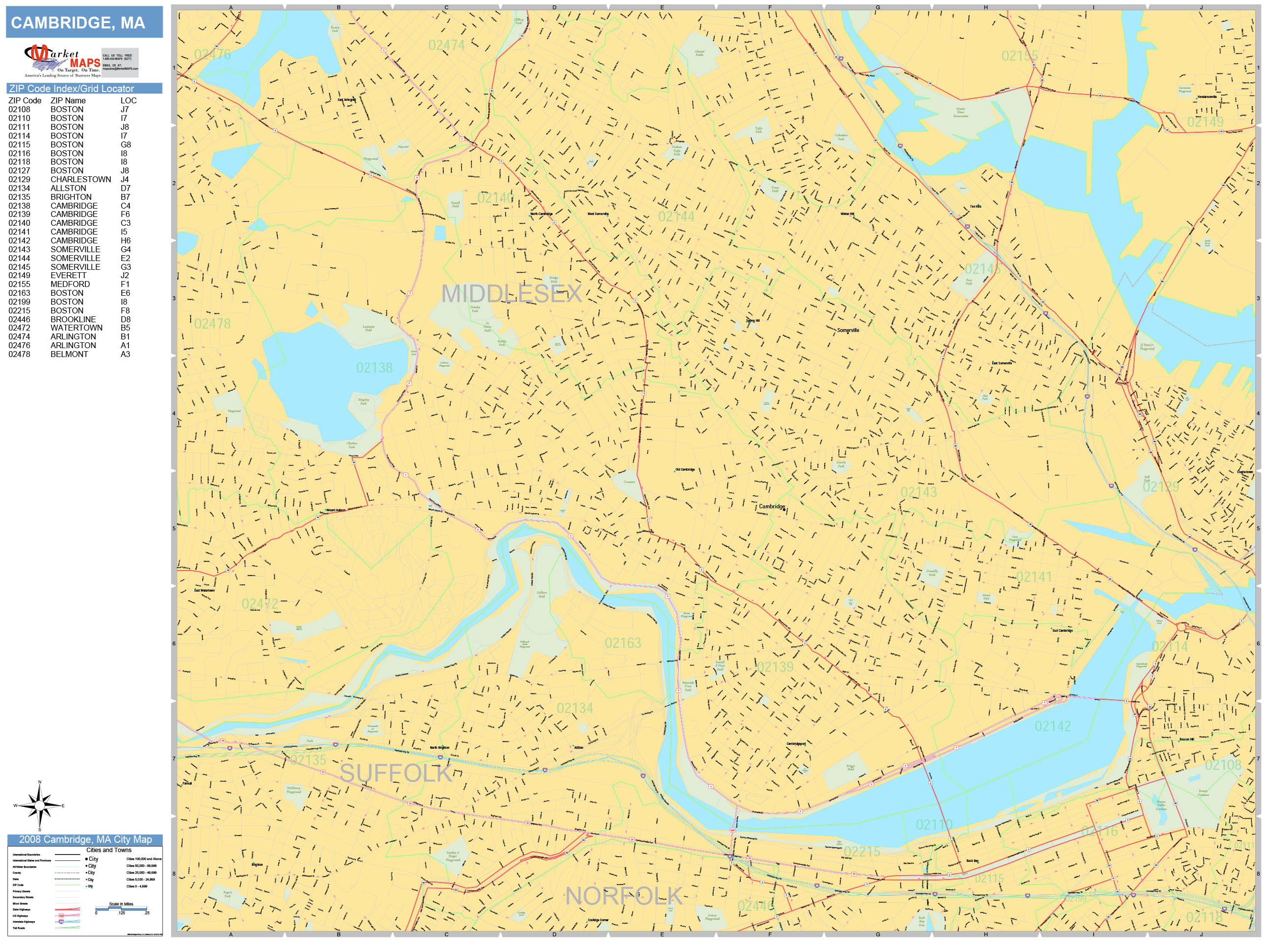 Cambridge Massachusetts Wall Map (Basic Style) by MarketMAPS