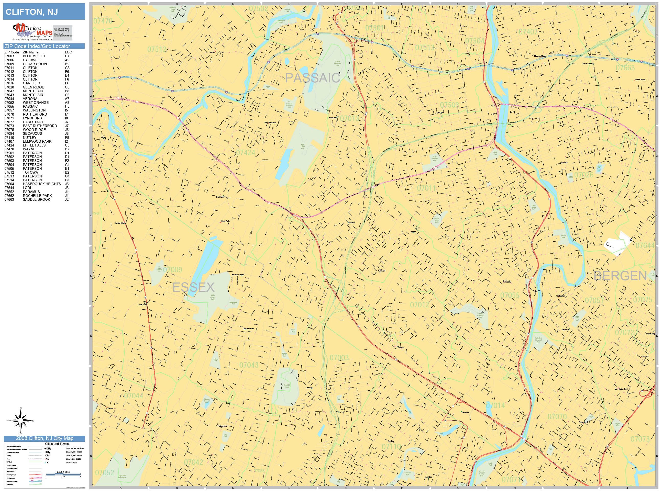 Clifton New Jersey Wall Map Basic Style By Marketmaps Mapsales 7692