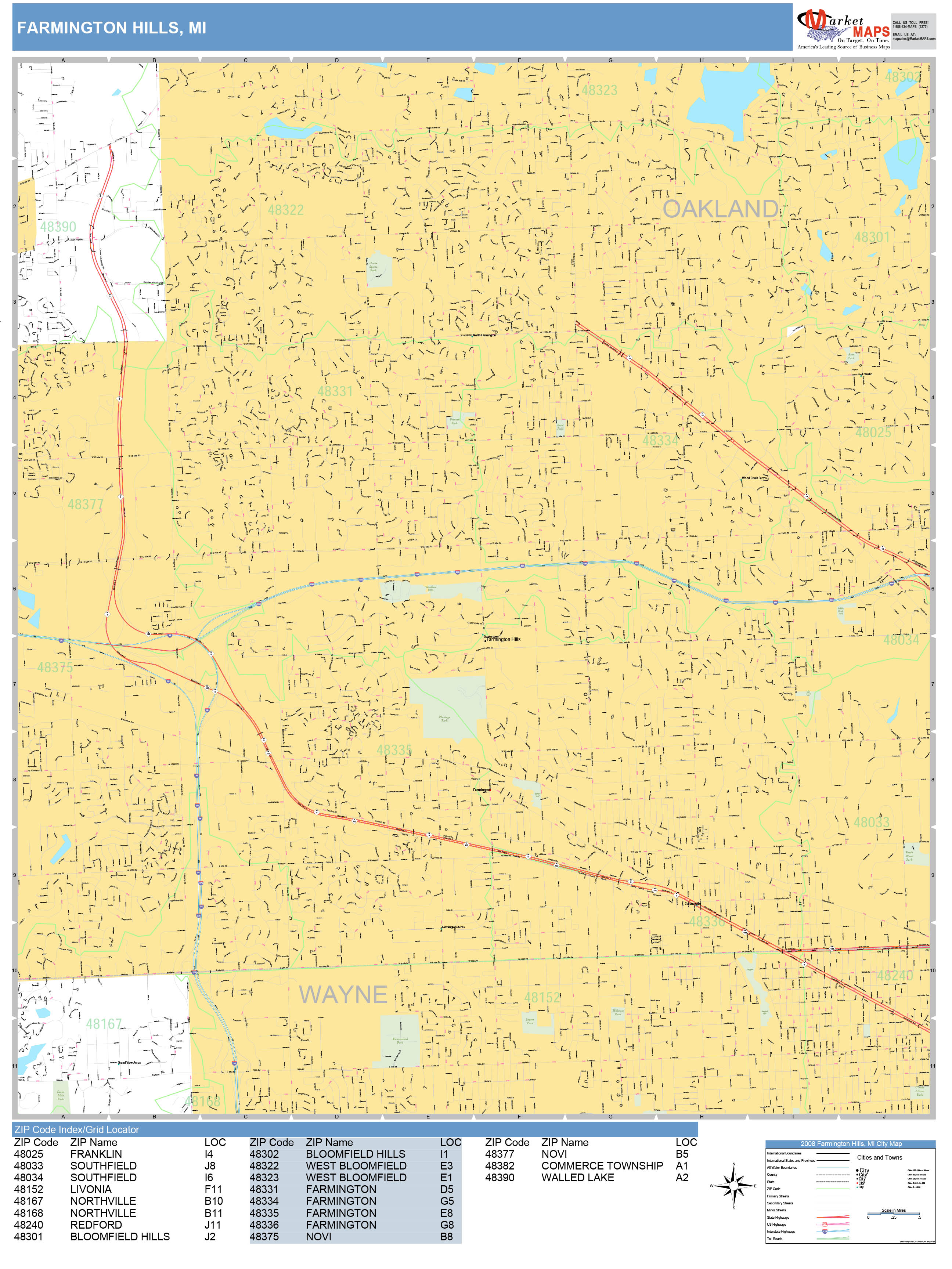 Farmington Hills Michigan Wall Map (Basic Style) by MarketMAPS