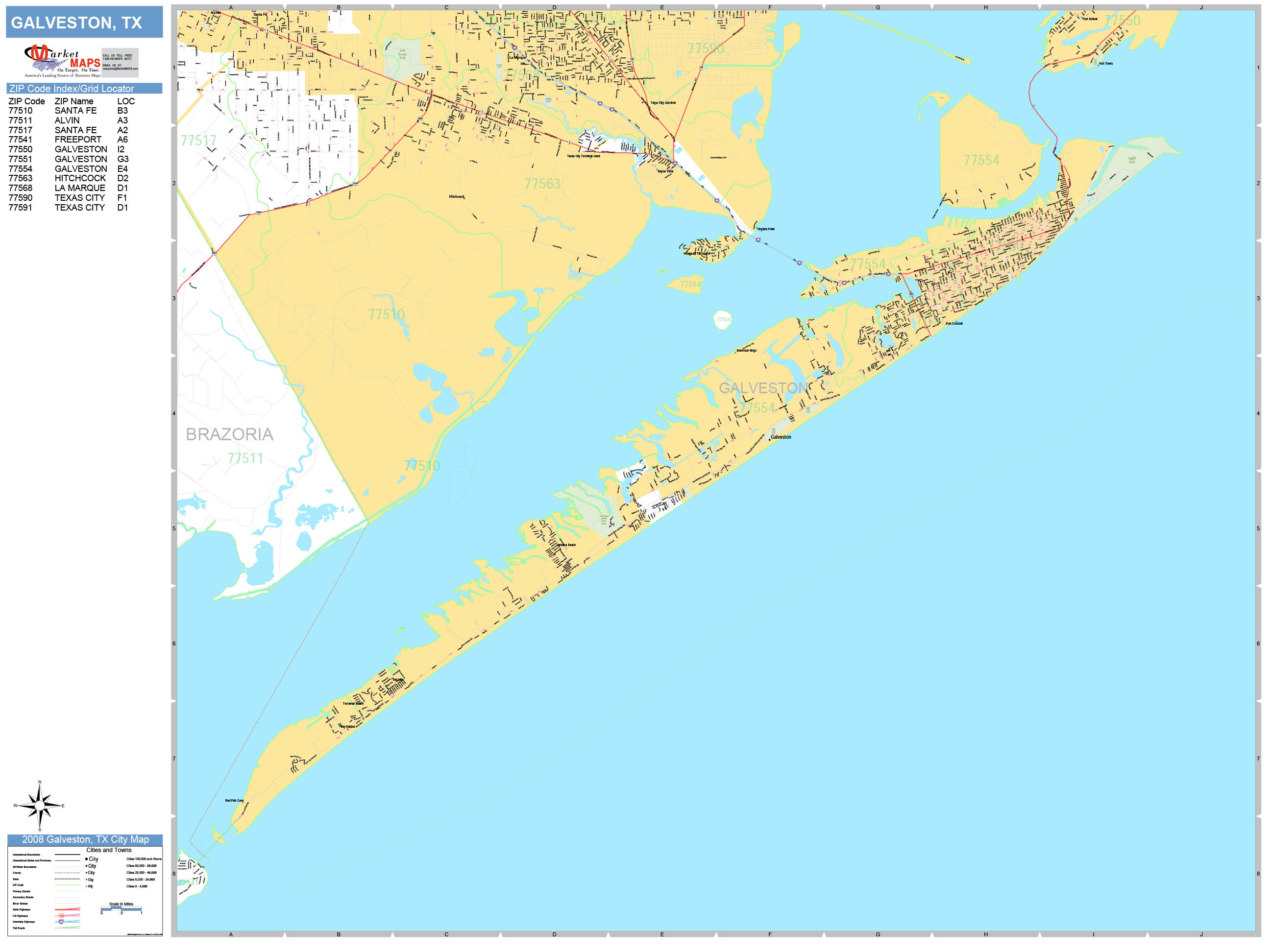 Galveston Texas Wall Map (Basic Style) by MarketMAPS