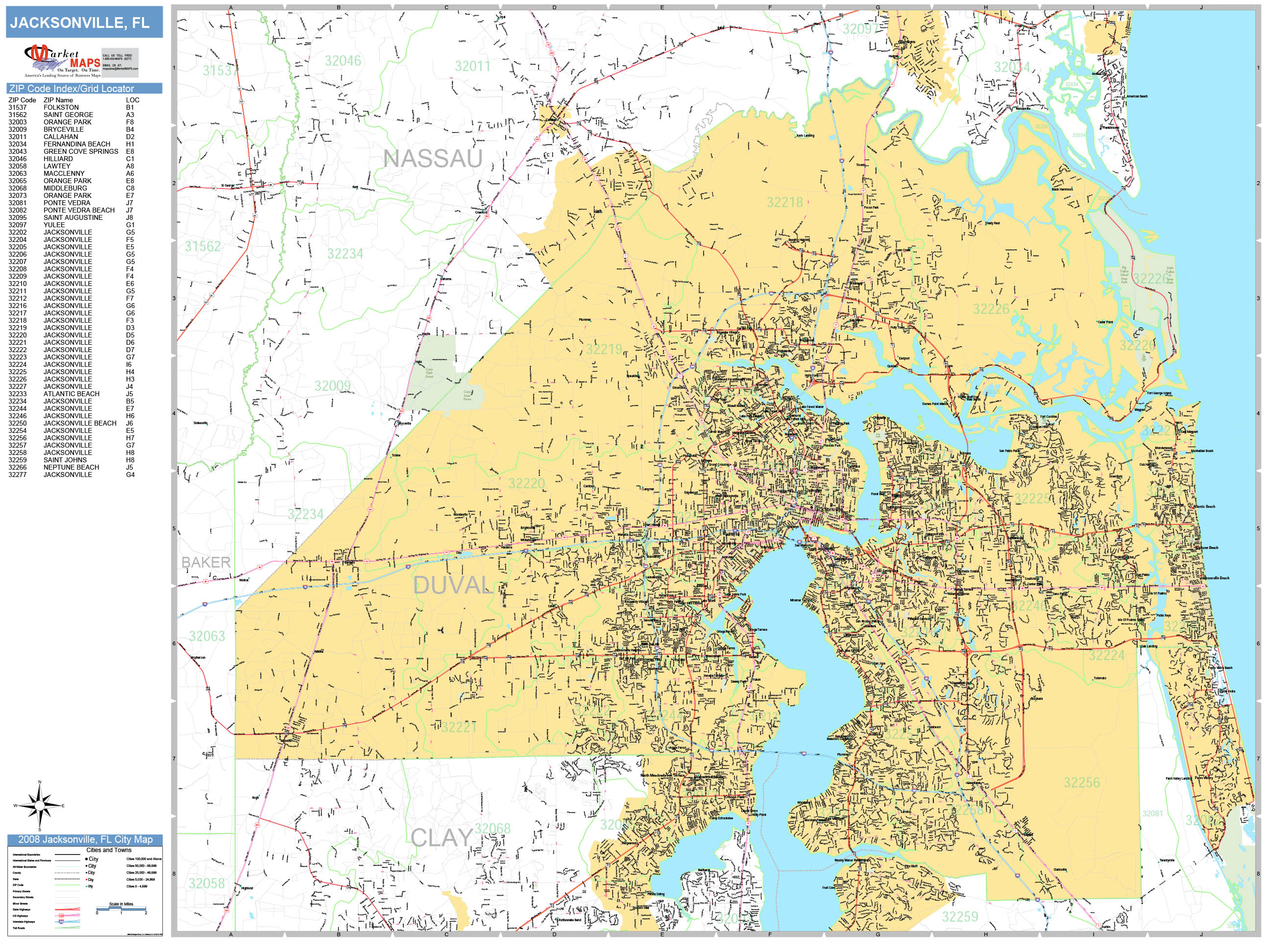 Jacksonville Florida Wall Map (Basic Style) by MarketMAPS - MapSales