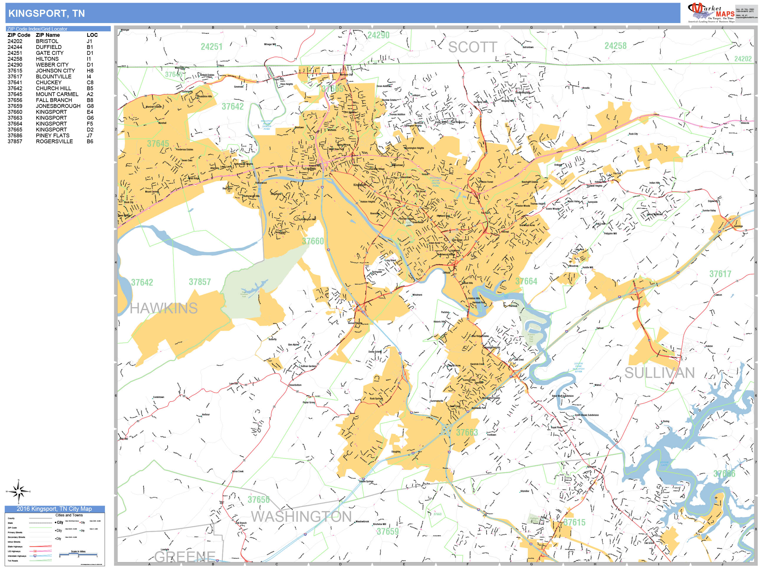 Kingsport Tennessee Wall Map (Basic Style) by MarketMAPS - MapSales