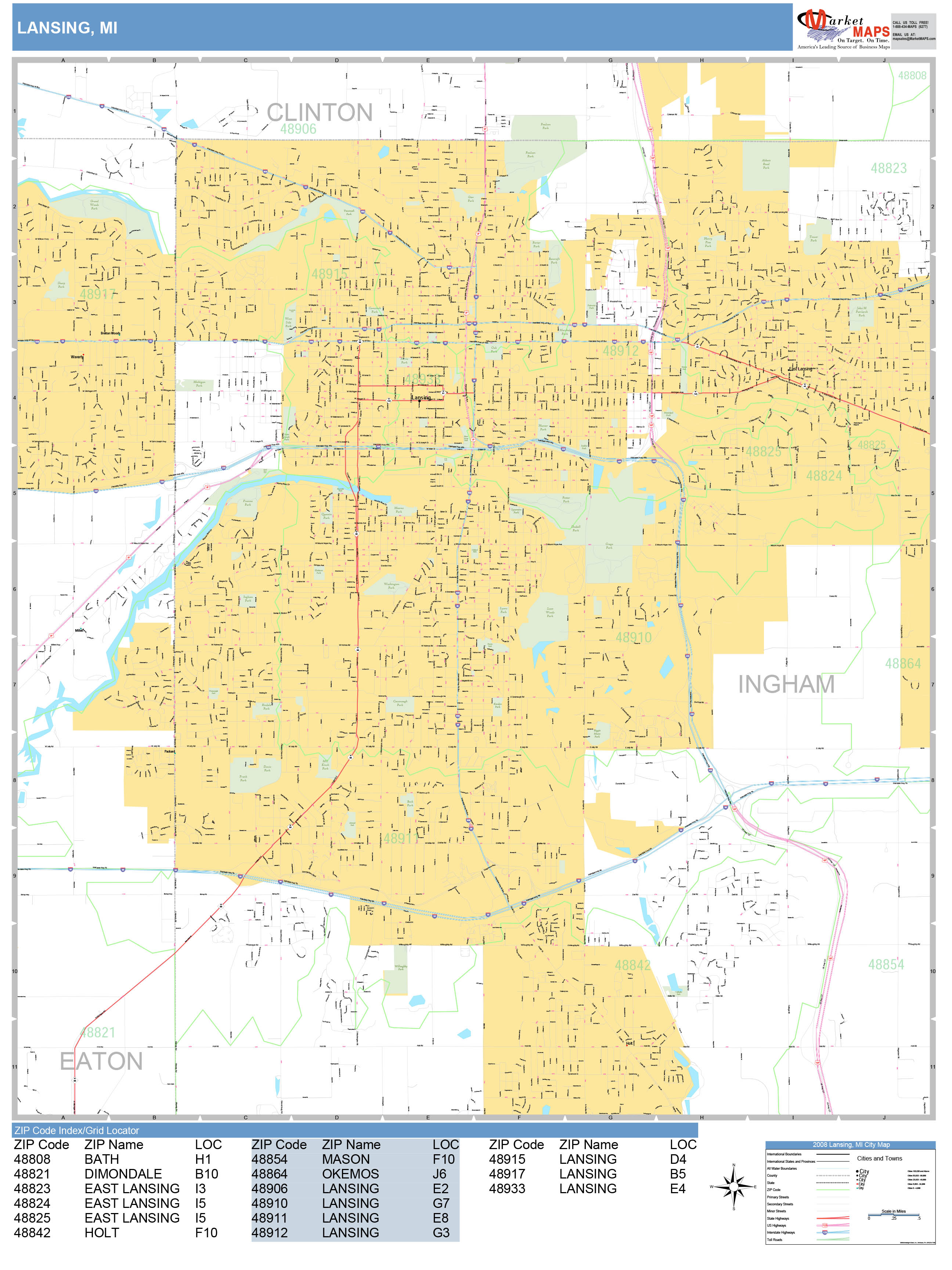 East Lansing Michigan Zip Code Wall Map Red Line Style By Marketmaps   Lansing MI 