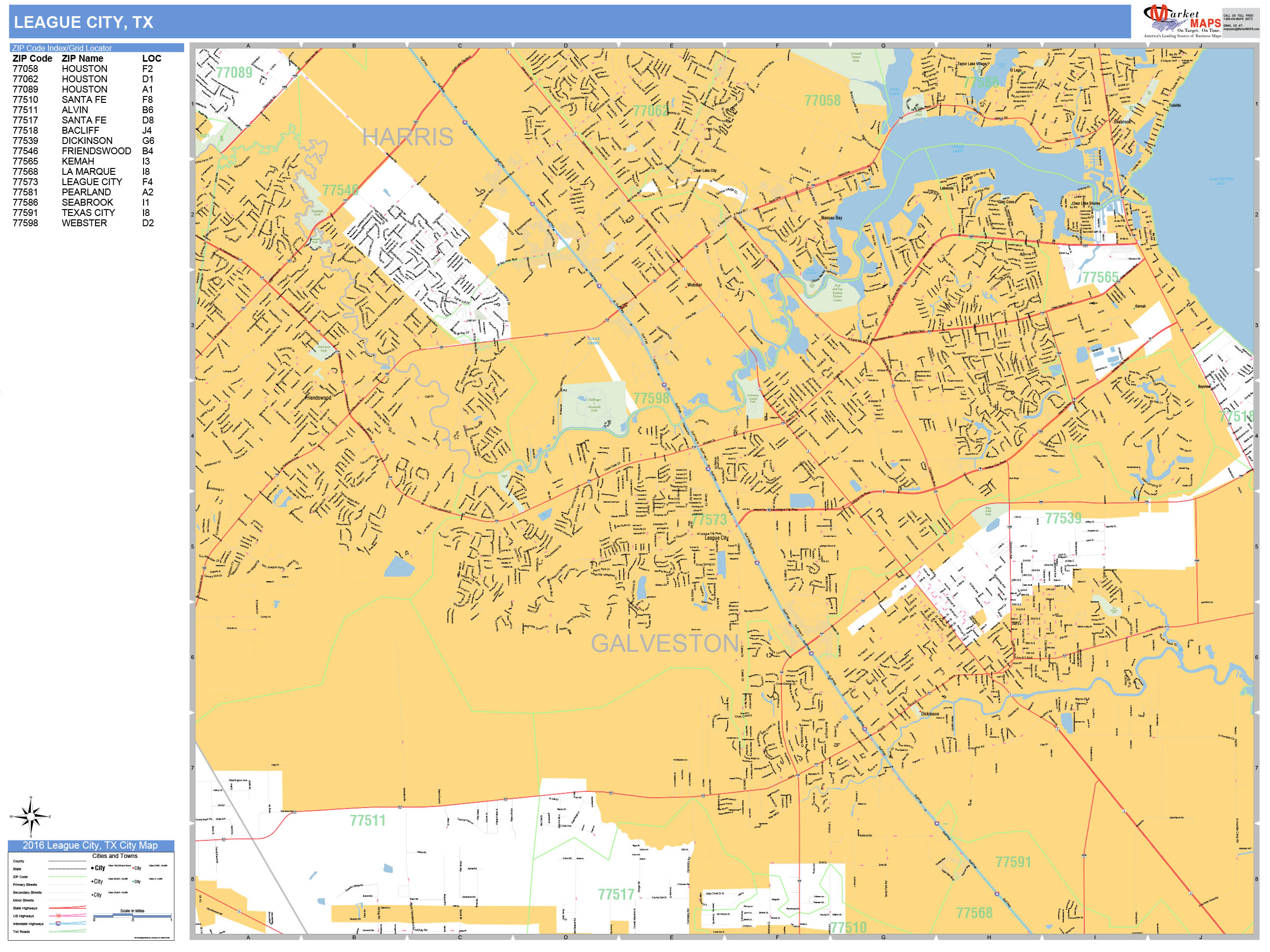 League City Texas Wall Map (Basic Style) by MarketMAPS