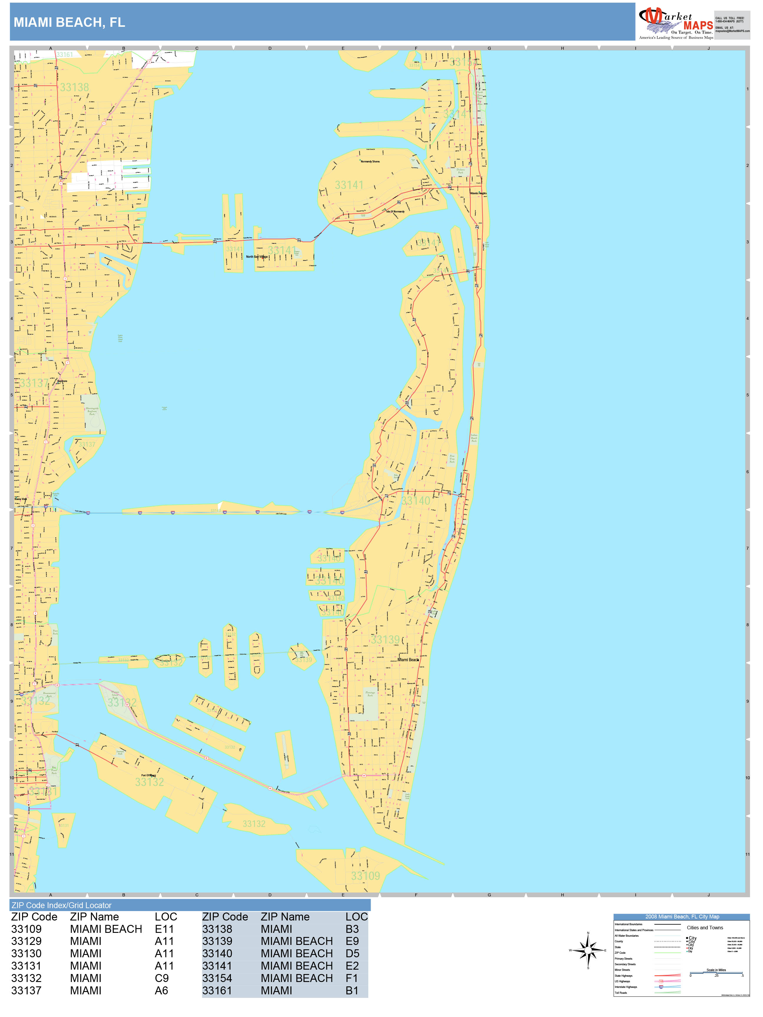 Miami Beach Florida Wall Map (Basic Style) by MarketMAPS