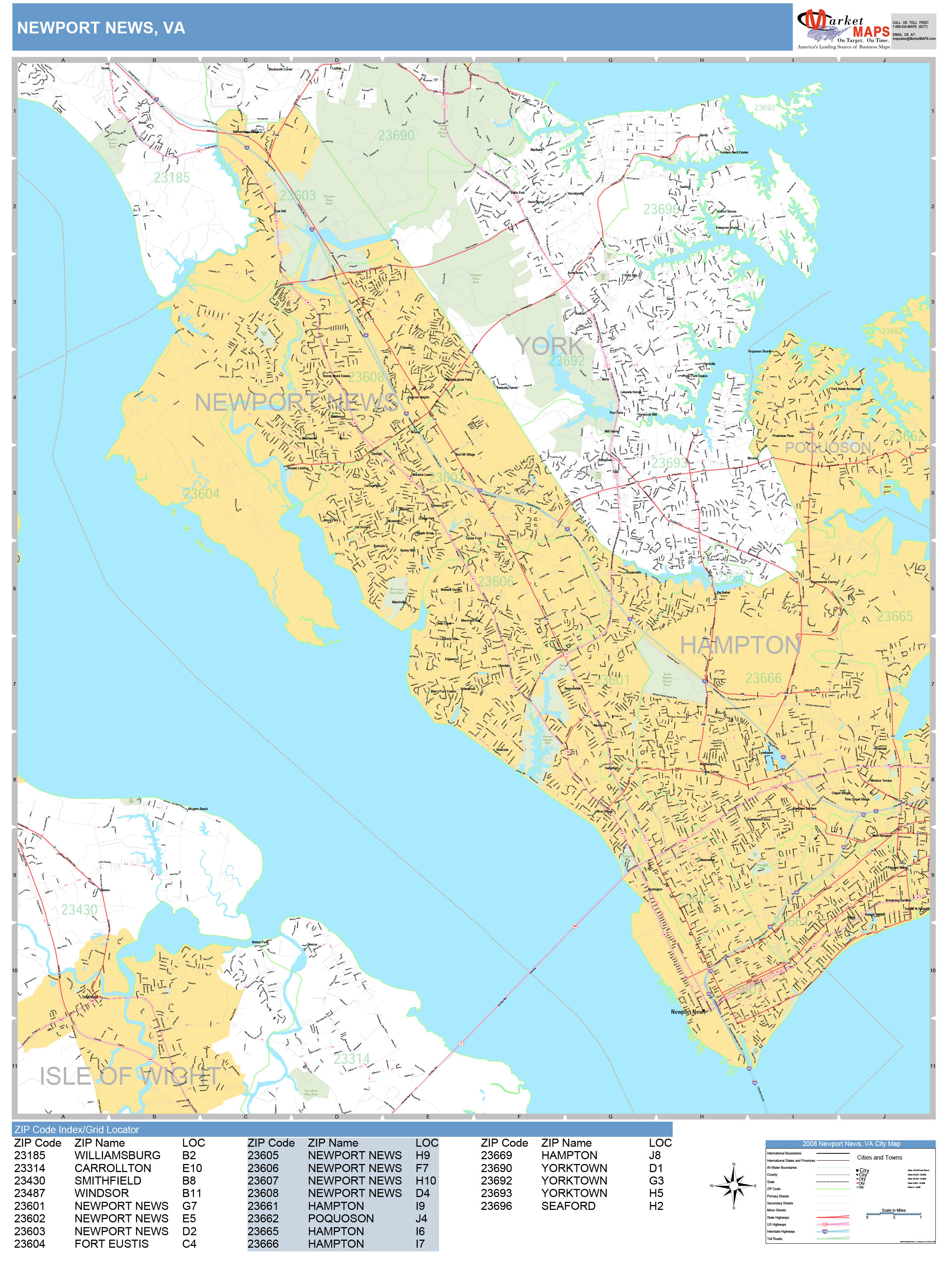 Newport News Virginia Wall Map (Basic Style) by MarketMAPS