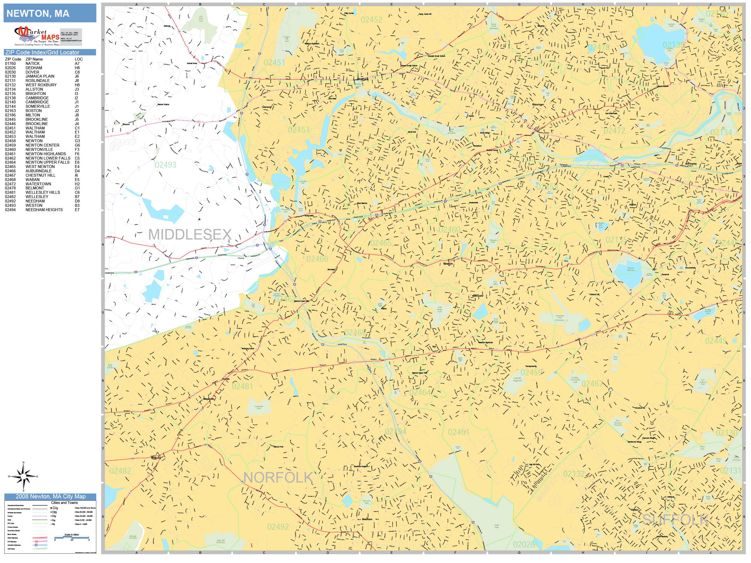 Newton Massachusetts Wall Map (Basic Style) by MarketMAPS - MapSales