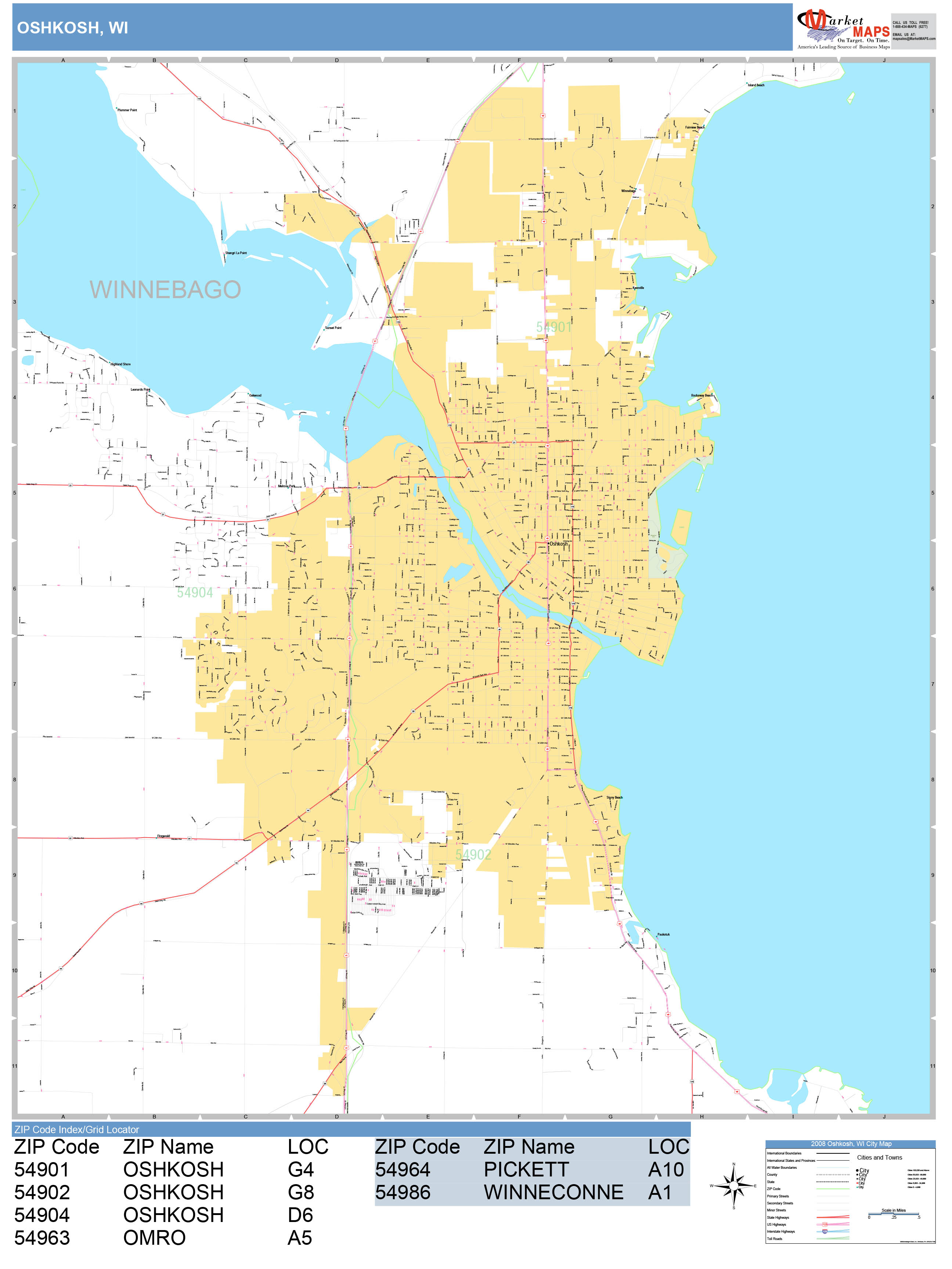 Oshkosh Wisconsin Wall Map (Basic Style) by MarketMAPS