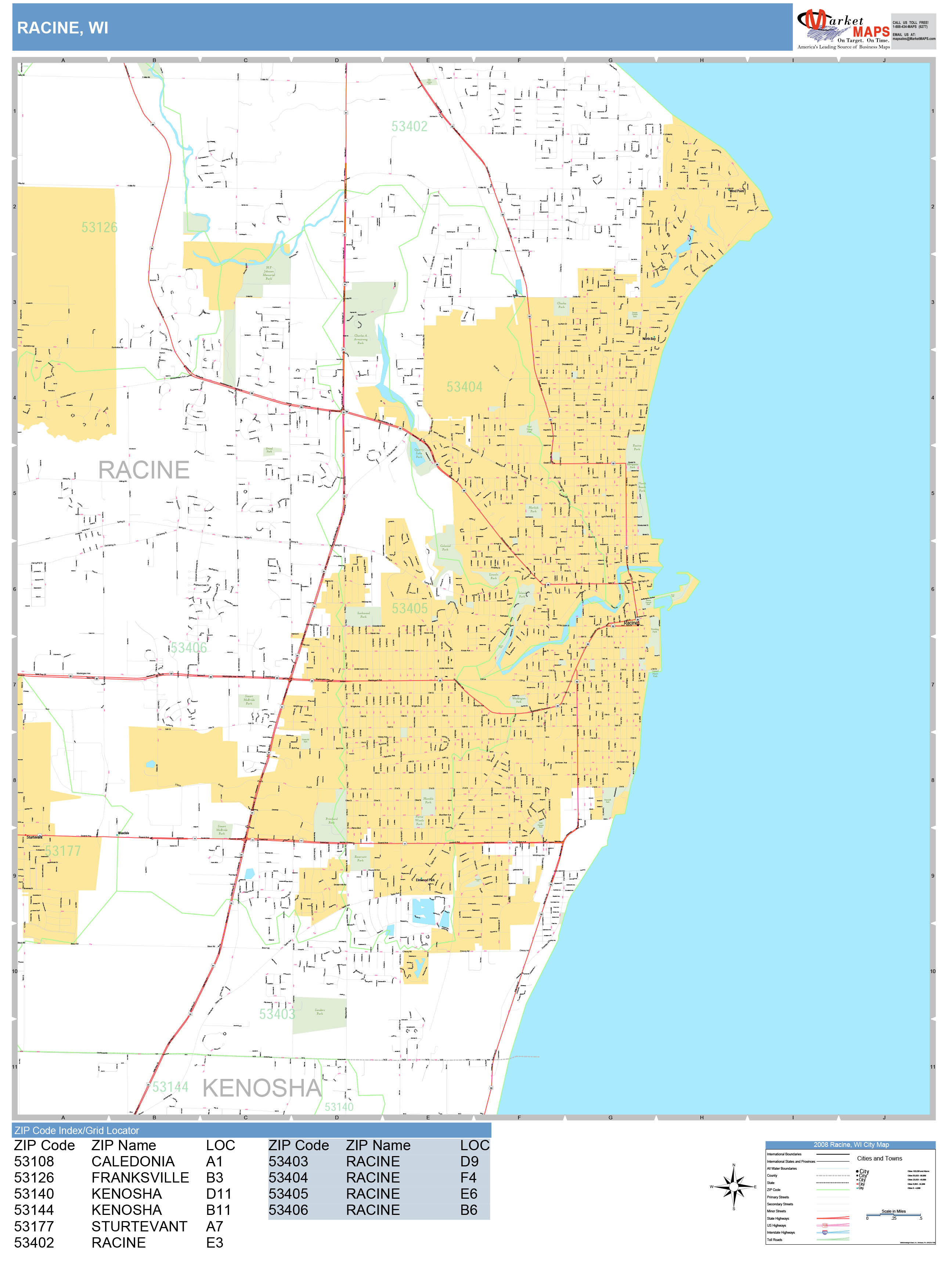 Racine Wisconsin Wall Map (Basic Style) by MarketMAPS - MapSales