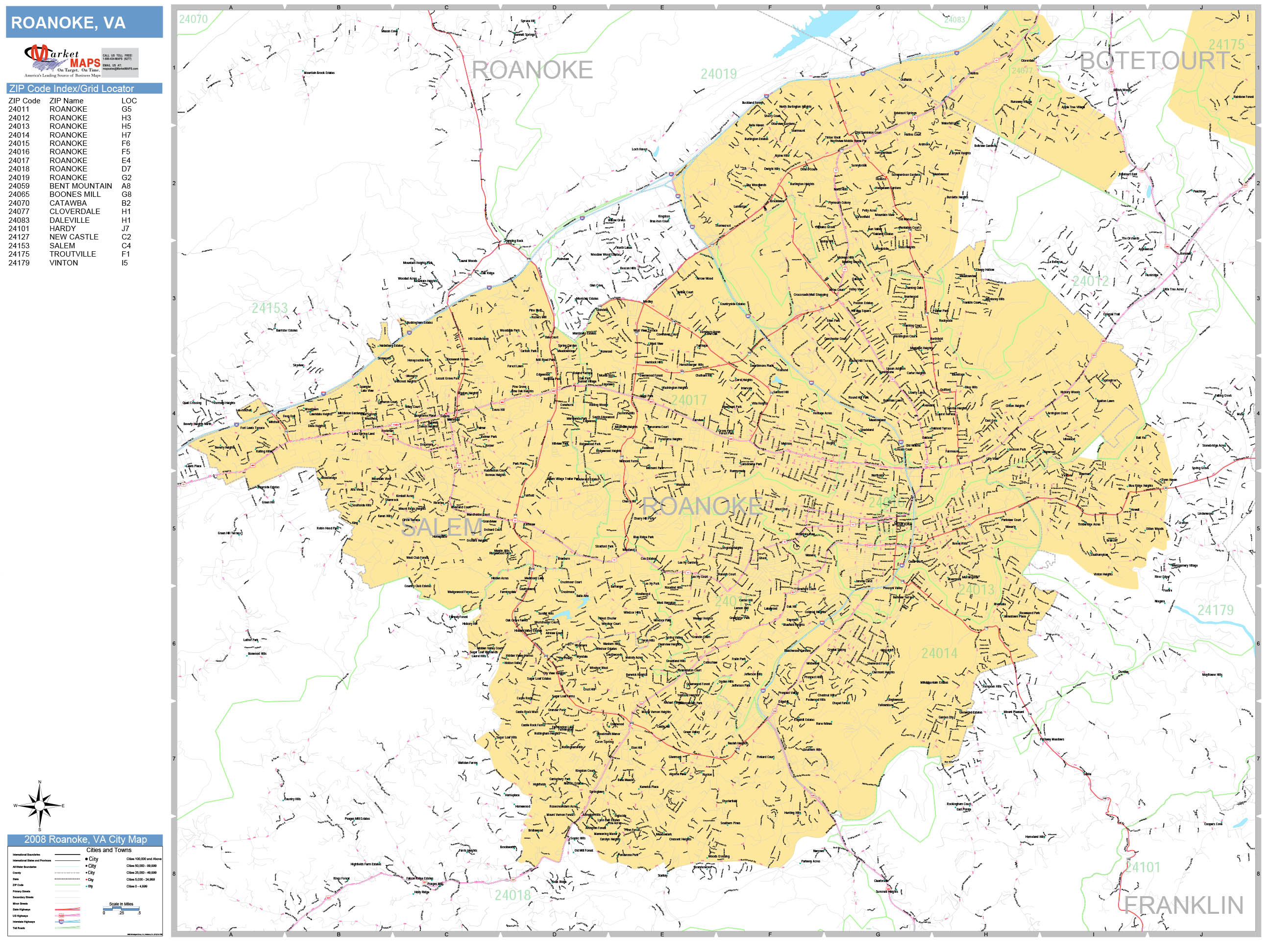 Roanoke Virginia Wall Map Basic Style By MarketMAPS MapSales   Roanoke VA 