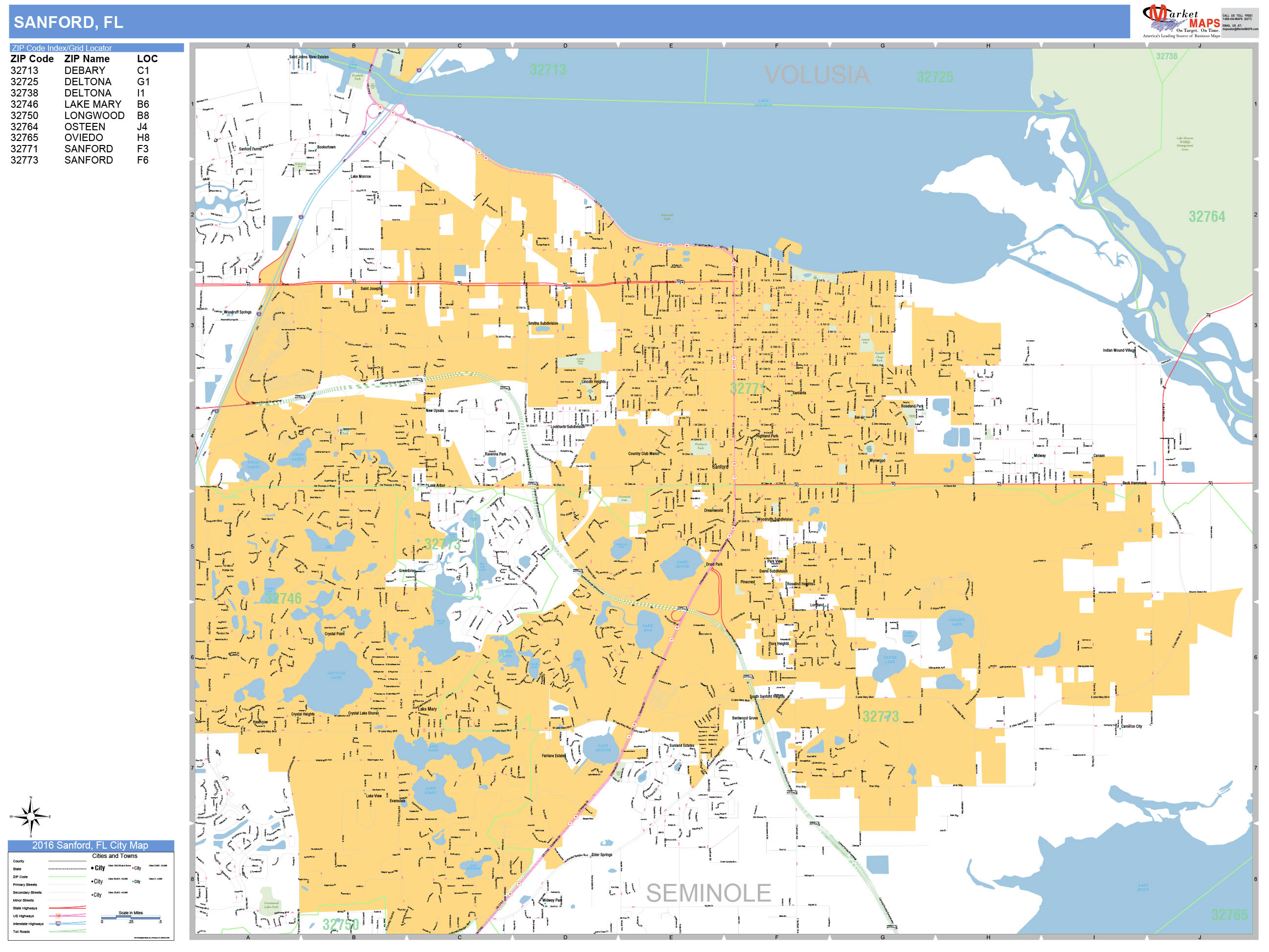 Sanford Florida Wall Map (Basic Style) by MarketMAPS - MapSales