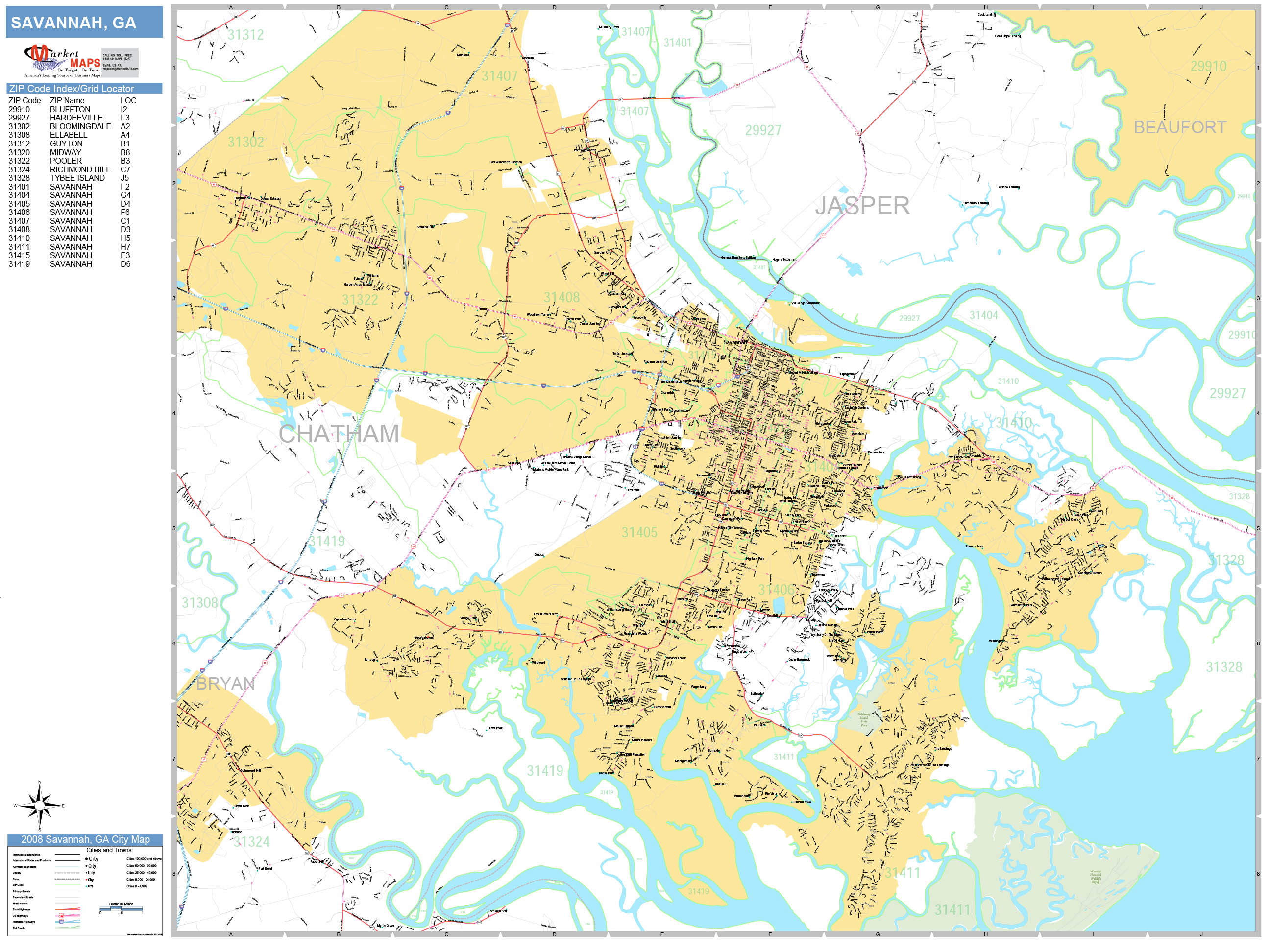 Savannah Georgia Wall Map (Basic Style) by MarketMAPS - MapSales