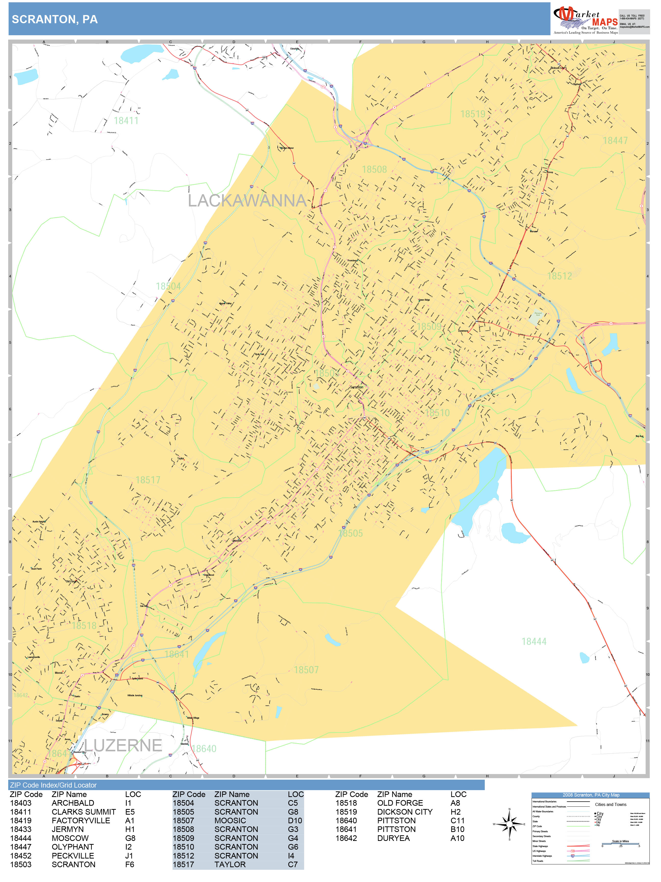 Scranton Pennsylvania Wall Map (Basic Style) by MarketMAPS - MapSales