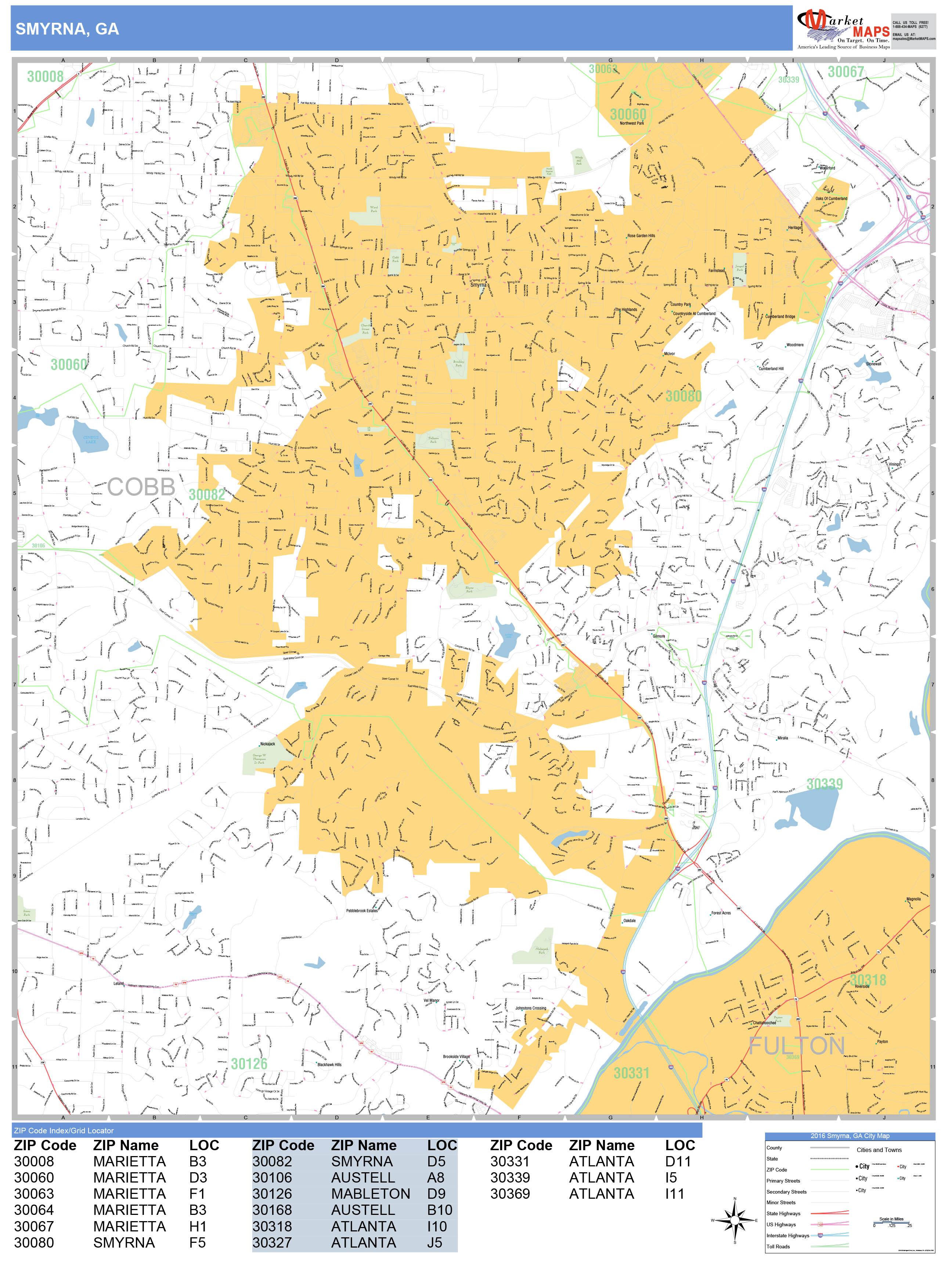 Smyrna Georgia Wall Map (Basic Style) by MarketMAPS - MapSales