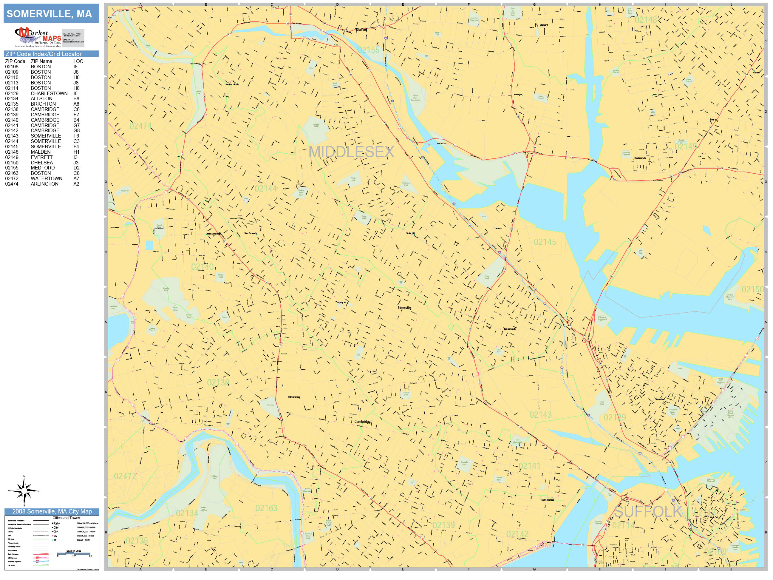 Somerville Massachusetts Wall Map (Basic Style) by MarketMAPS ...