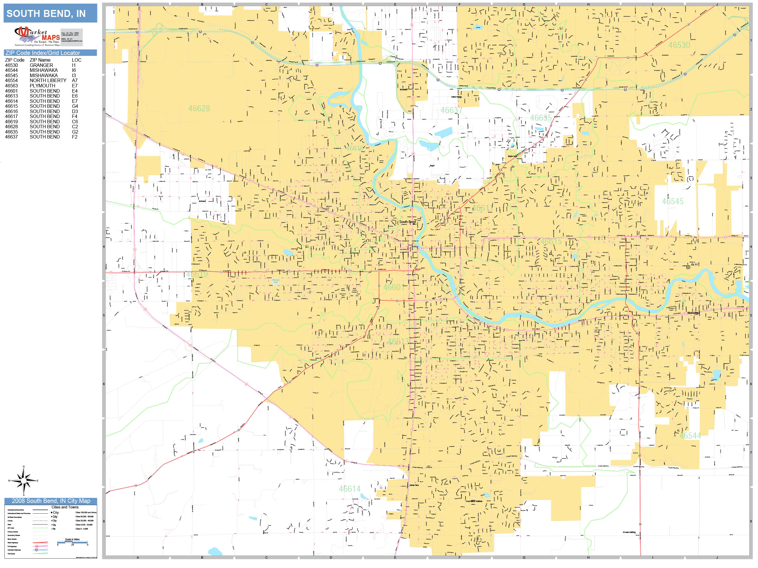 South Bend Indiana Wall Map (Basic Style) by MarketMAPS