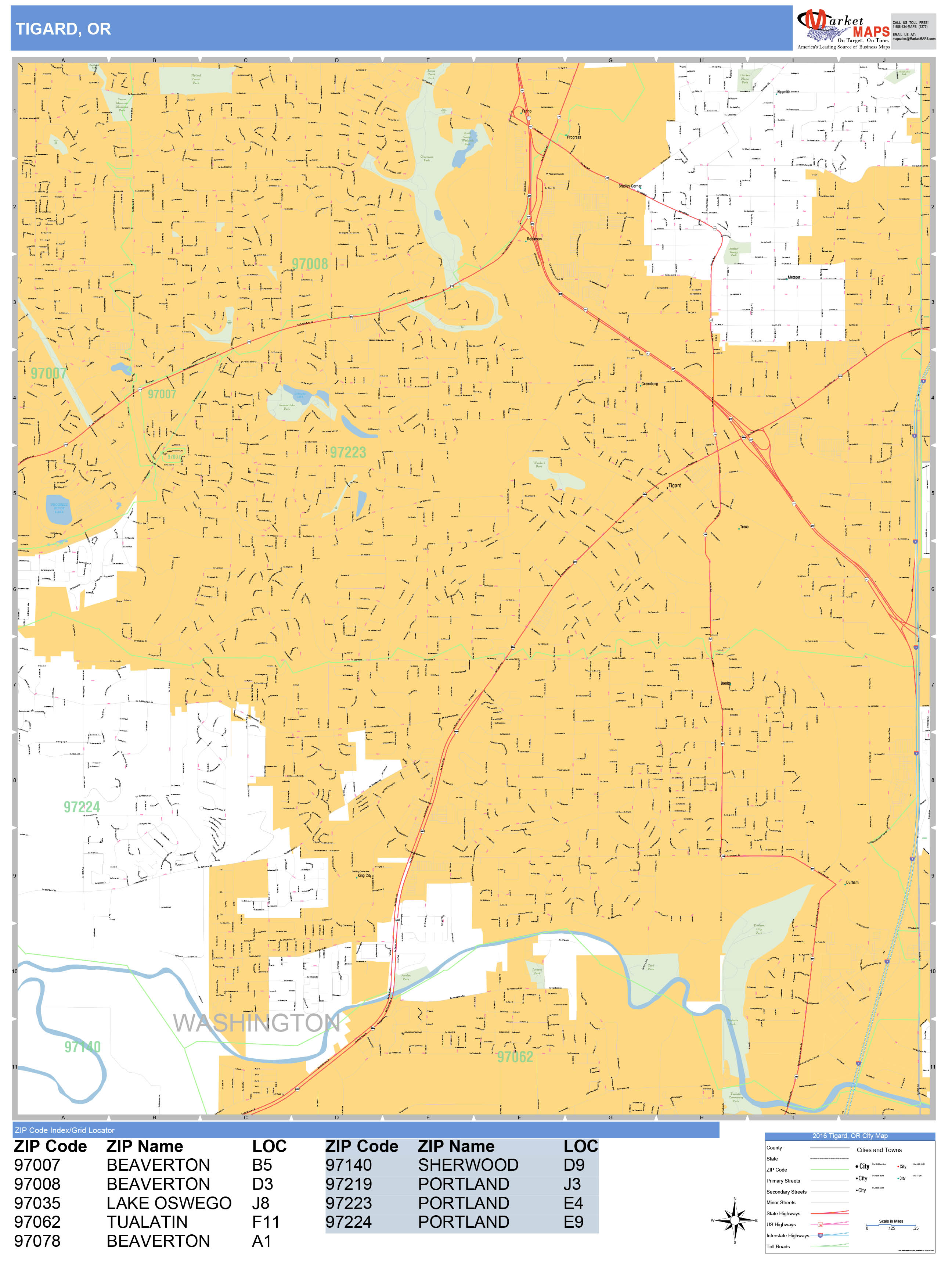 Tigard Oregon Wall Map (Basic Style) by MarketMAPS - MapSales