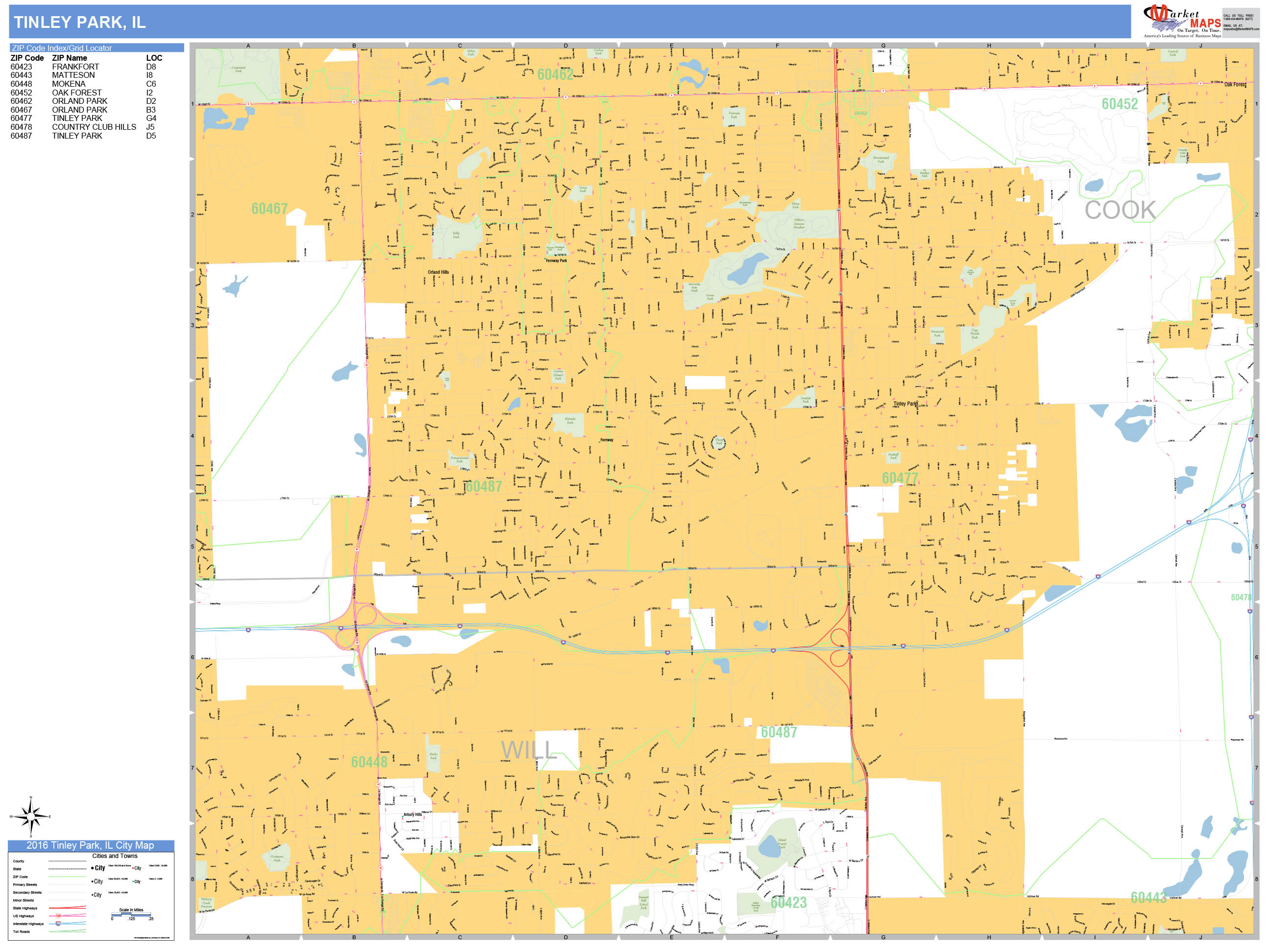 Tinley Park Illinois Wall Map (Basic Style) by MarketMAPS