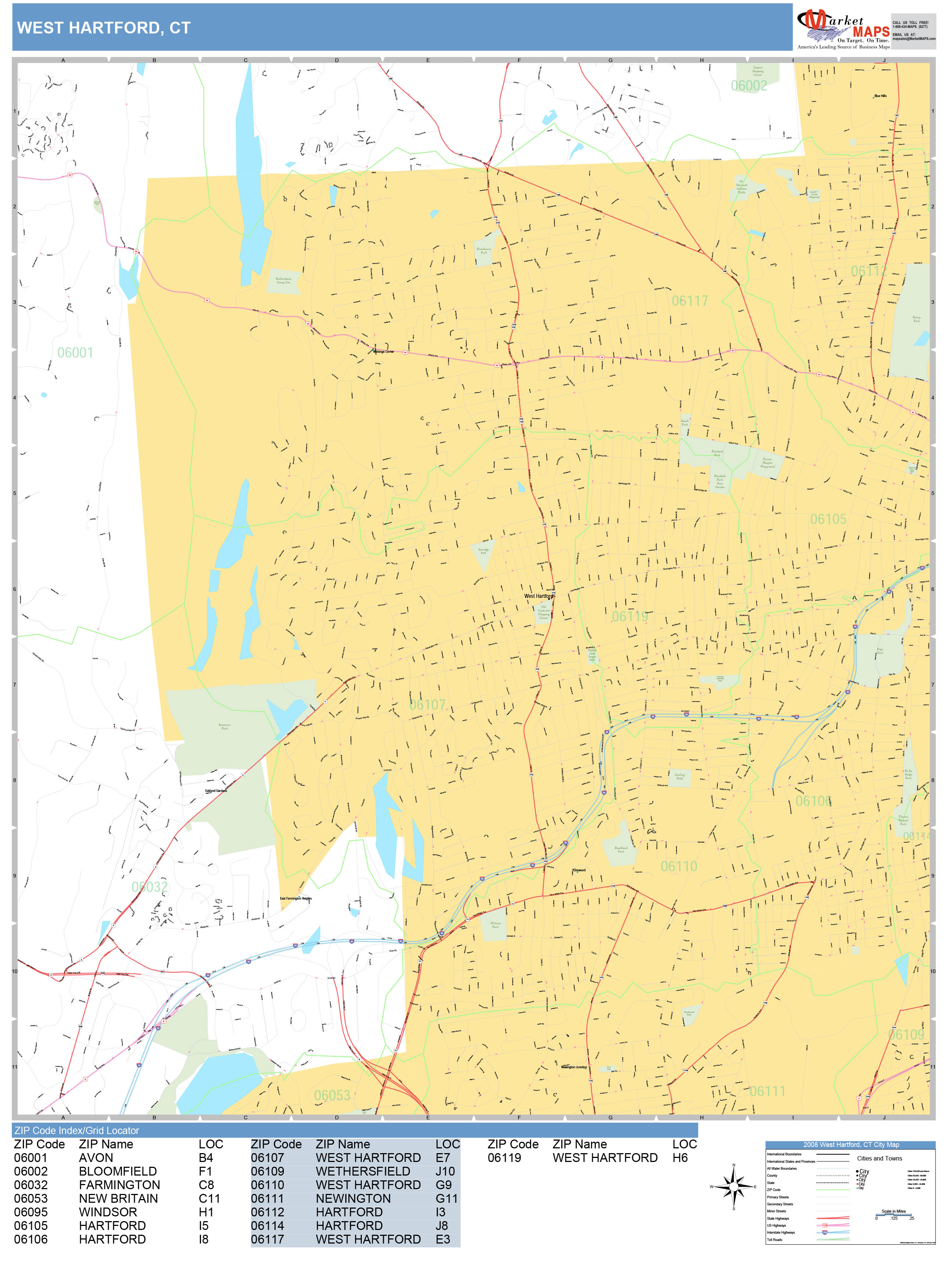 West Hartford Connecticut Wall Map (Basic Style) by MarketMAPS