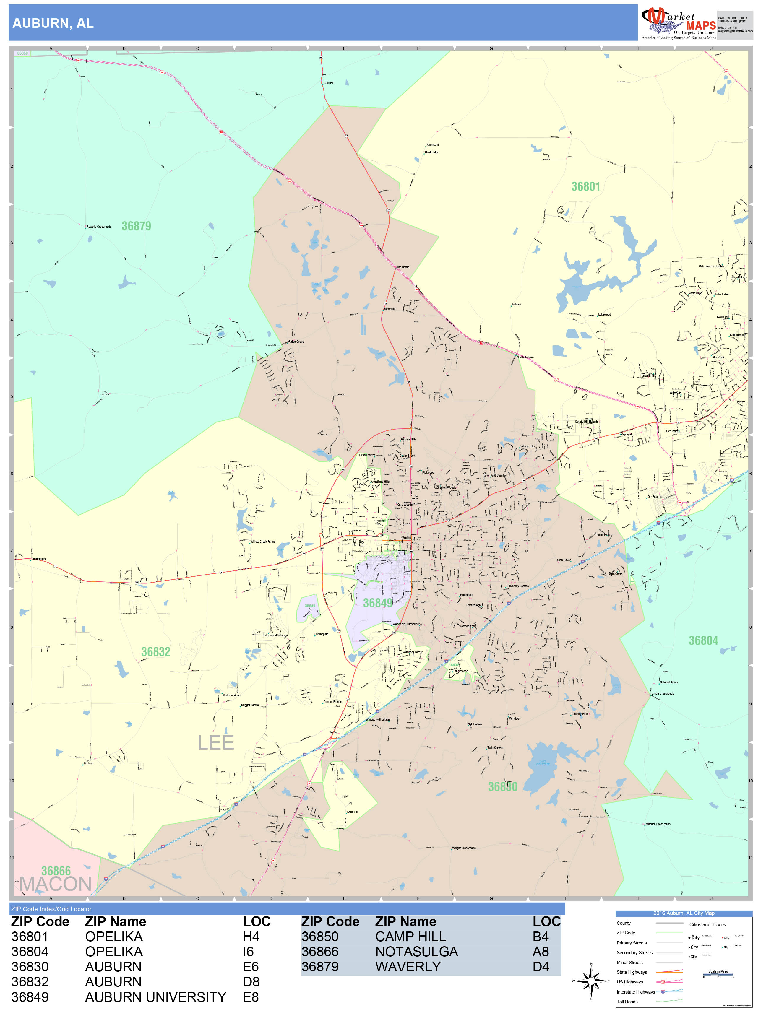 Auburn Alabama Wall Map (Color Cast Style) by MarketMAPS - MapSales.com