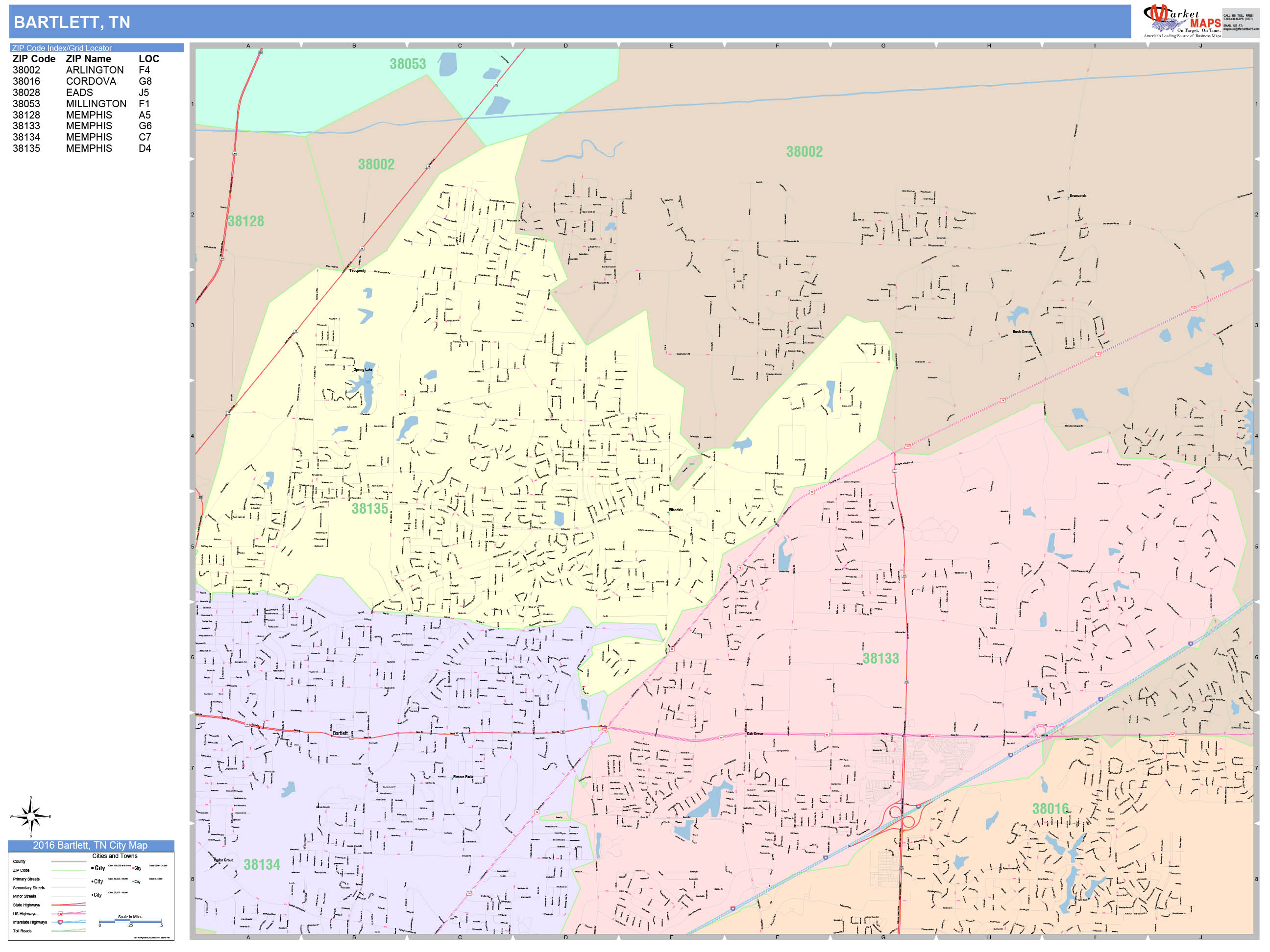 Bartlett Tennessee Wall Map (Color Cast Style) by MarketMAPS - MapSales.com