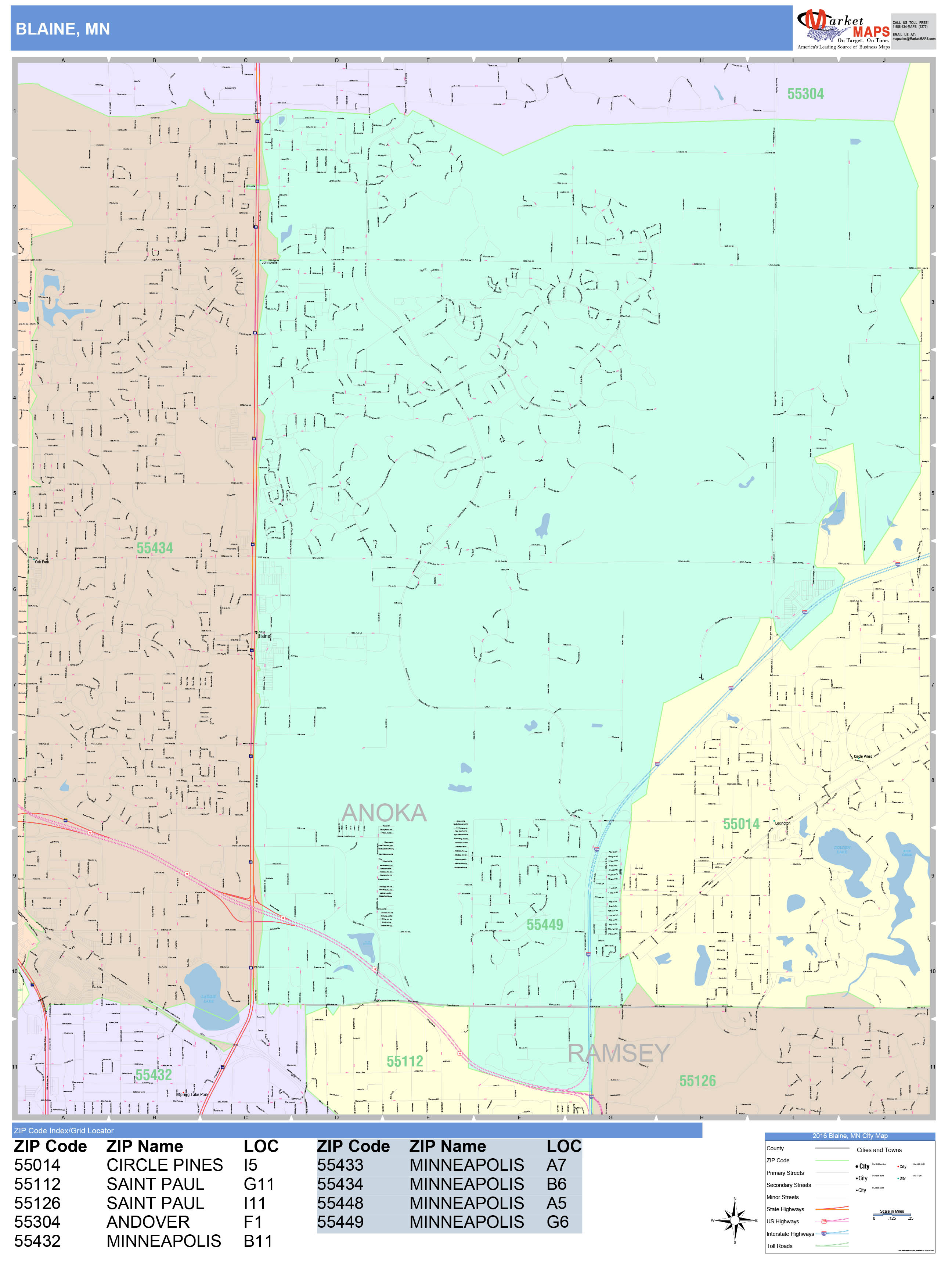 Blaine Minnesota Wall Map (Color Cast Style) by MarketMAPS - MapSales