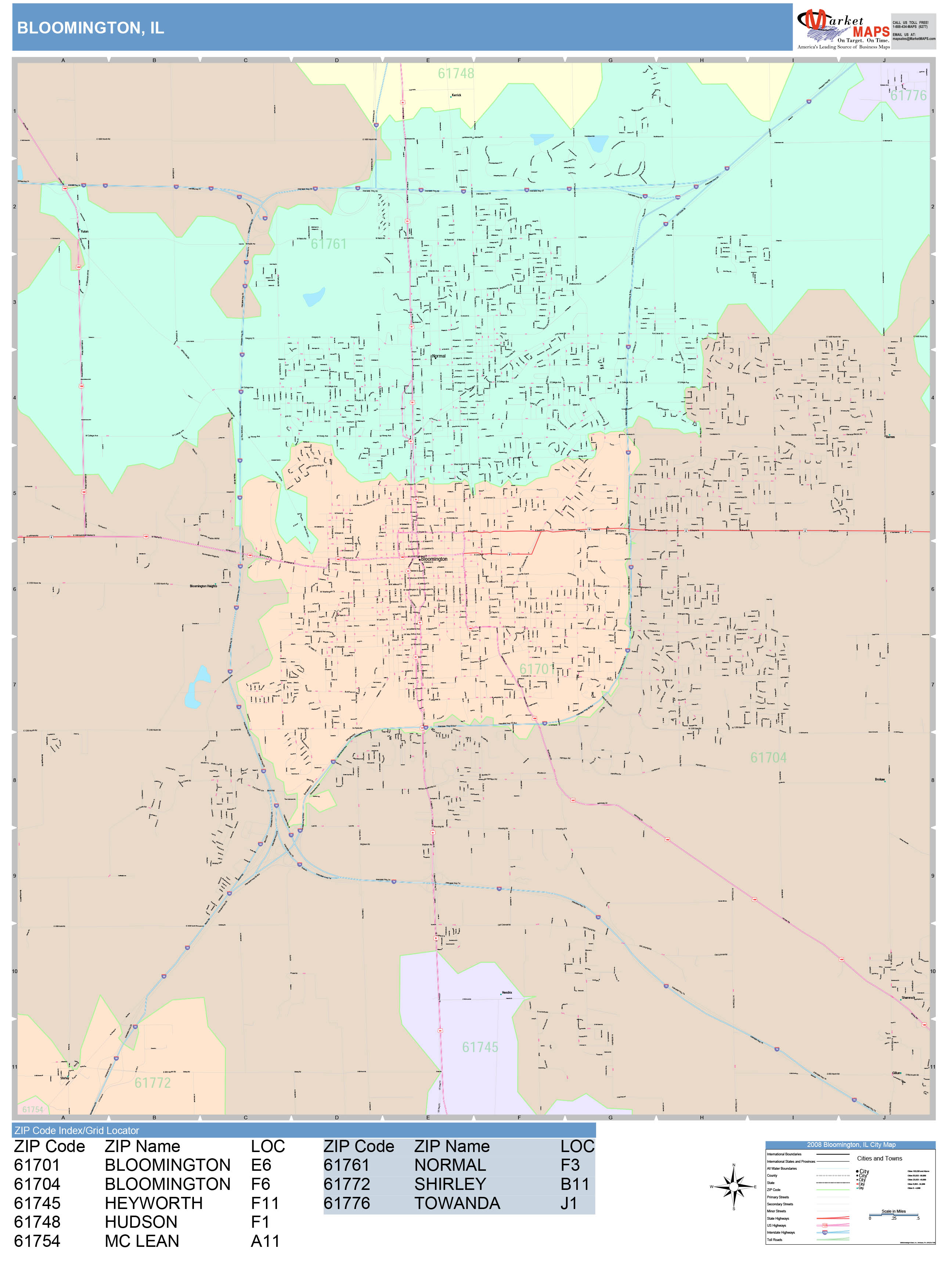 Bloomington Illinois Wall Map (Color Cast Style) by MarketMAPS ...