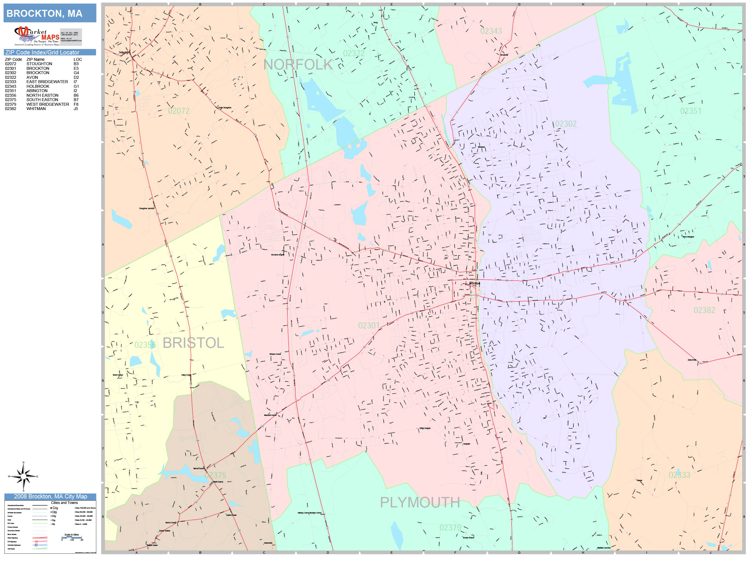 Brockton Massachusetts Wall Map Color Cast Style By Marketmaps 4982