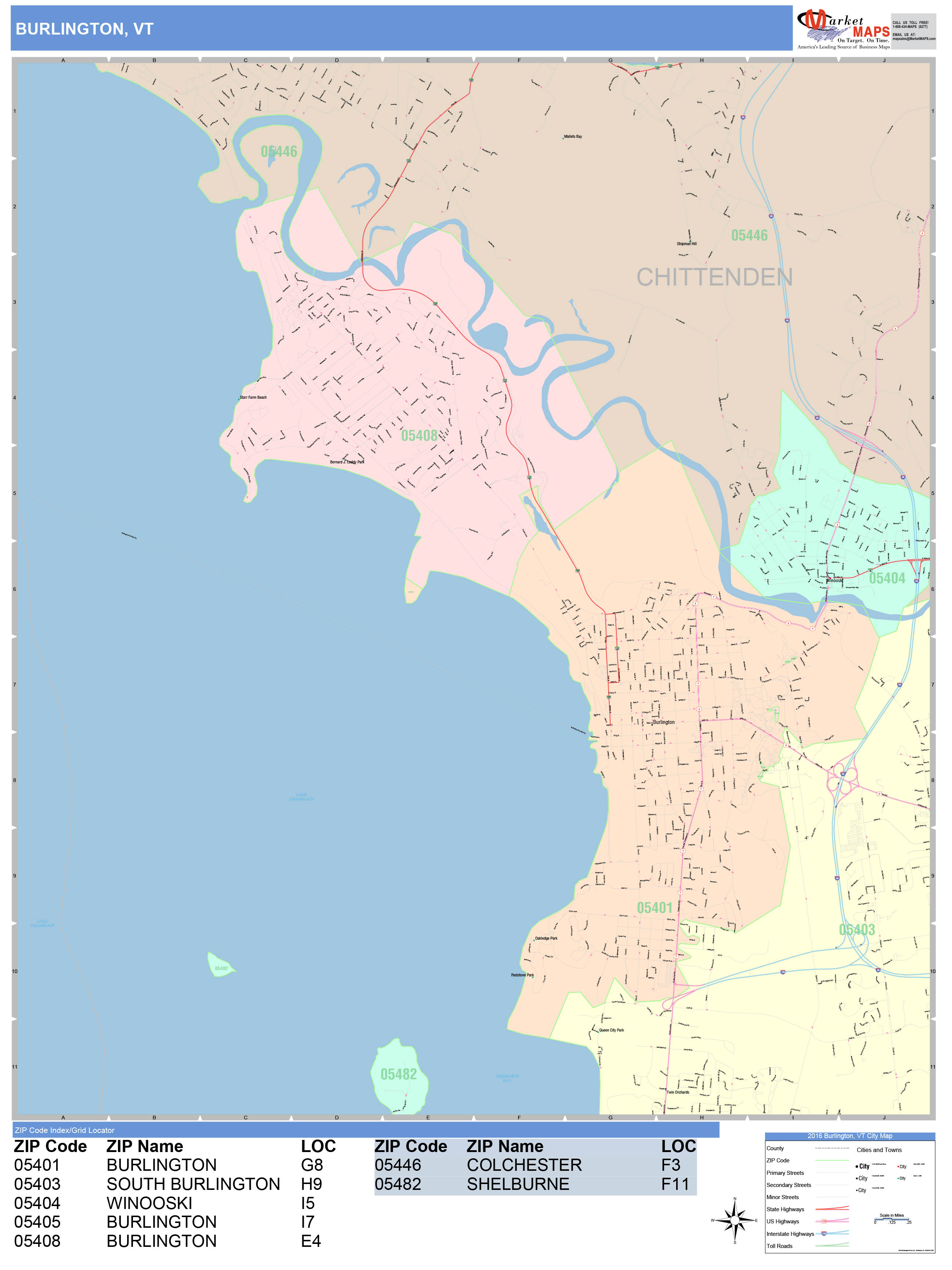 Burlington Vermont Wall Map Color Cast Style By MarketMAPS MapSales Com   Burlington VT 