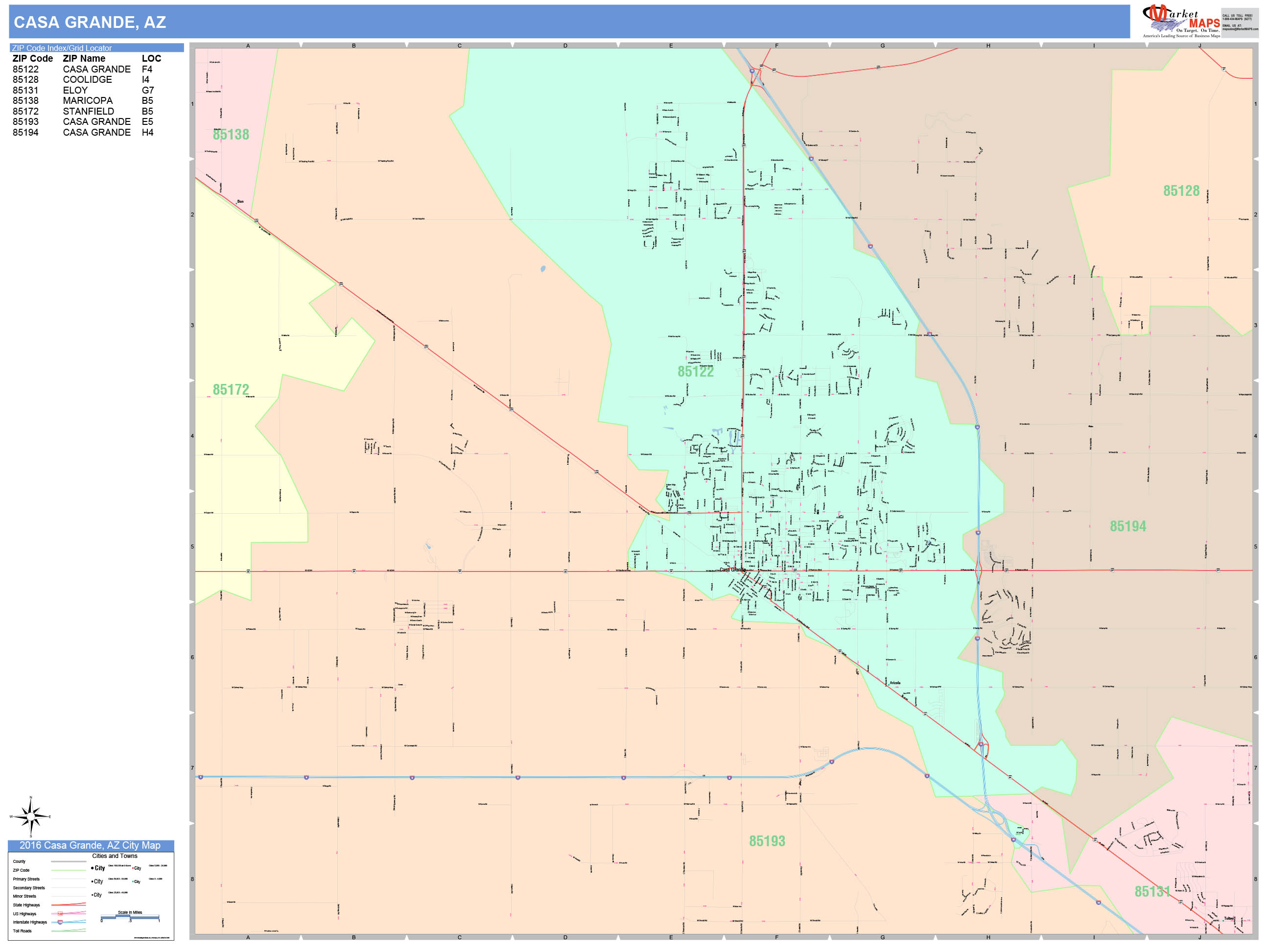 Casa Grande Arizona Wall Map (Color Cast Style) by MarketMAPS