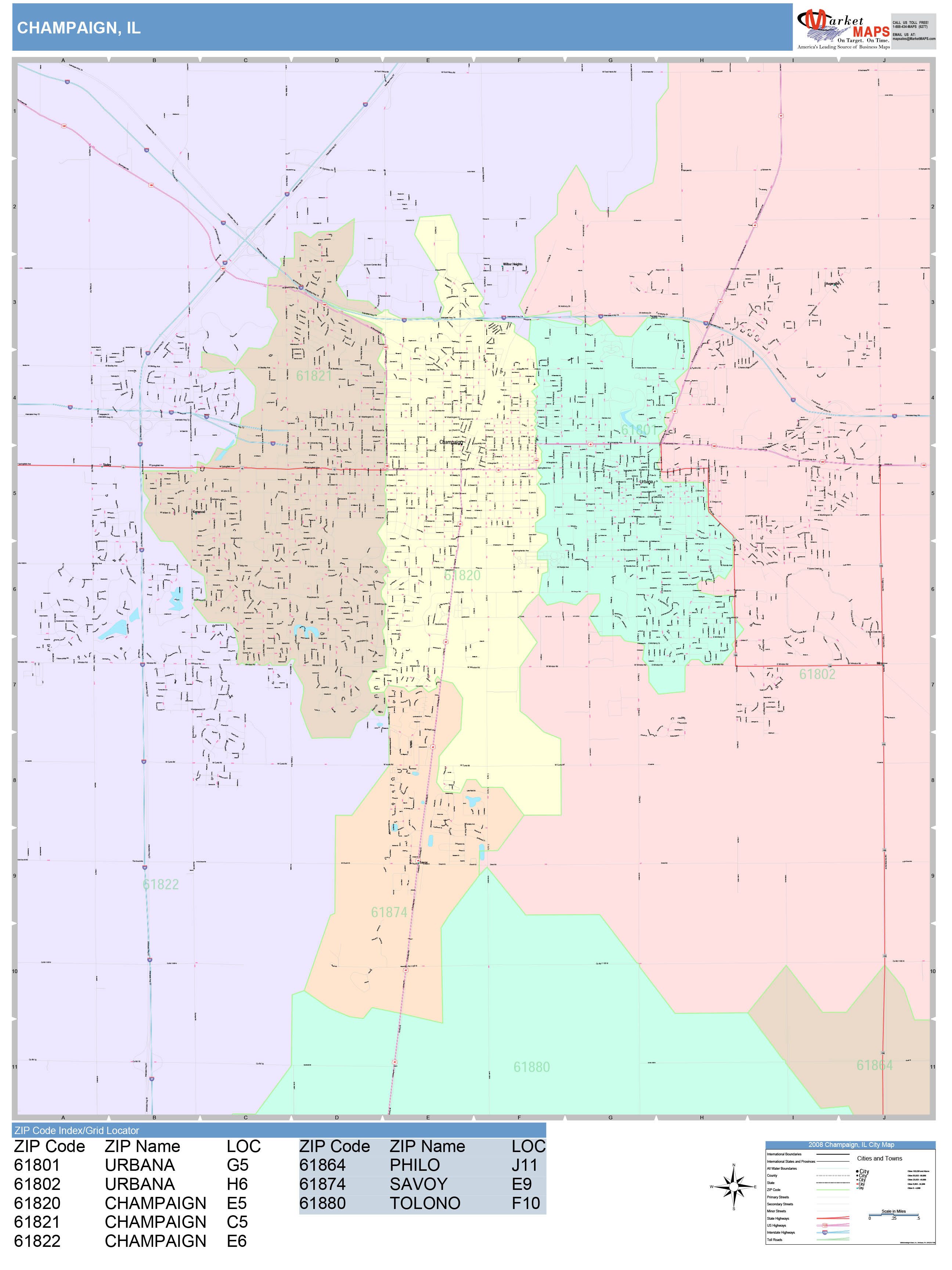 Champaign Illinois Wall Map (Color Cast Style) by MarketMAPS