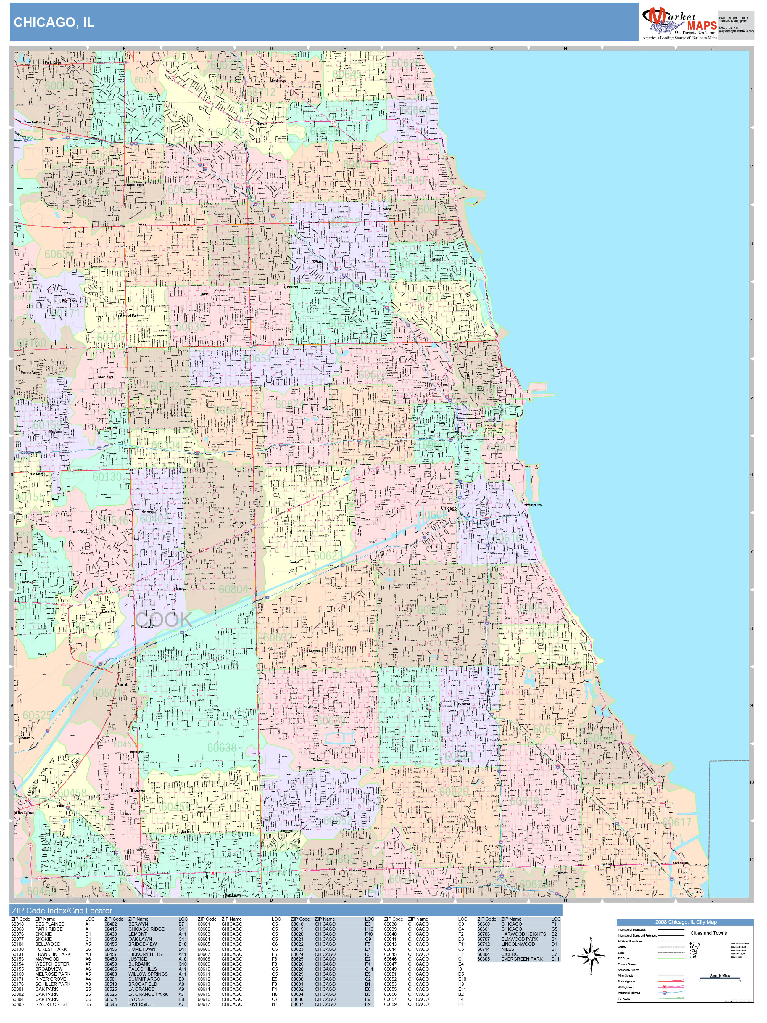 Chicago Illinois Wall Map (Color Cast Style) by MarketMAPS - MapSales