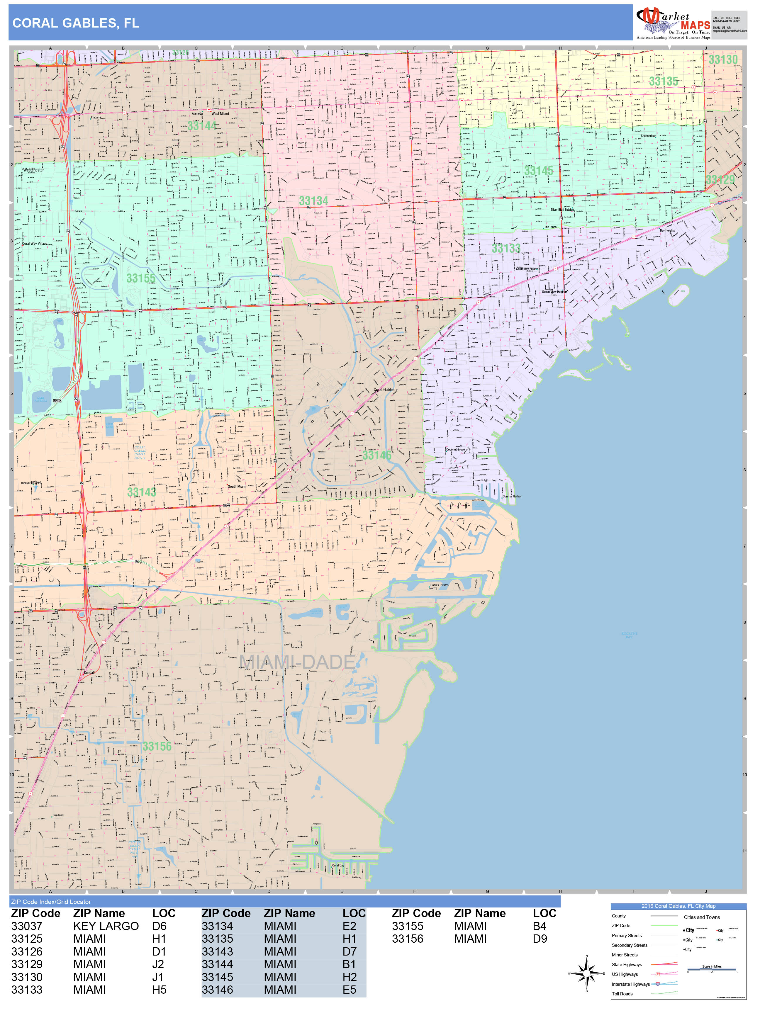 Coral Gables Florida Wall Map (Color Cast Style) by MarketMAPS