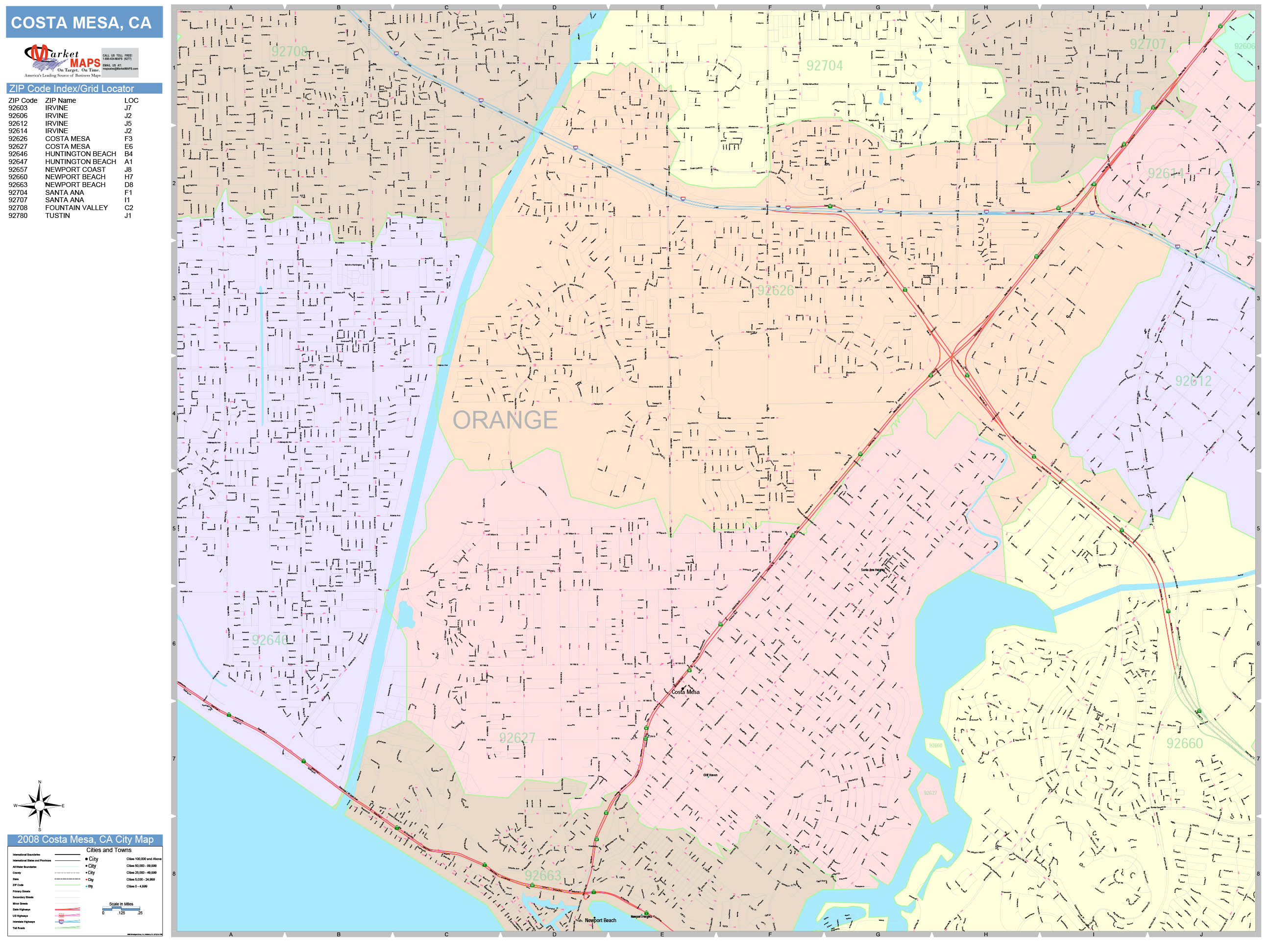 Costa Mesa California Wall Map (Color Cast Style) by MarketMAPS