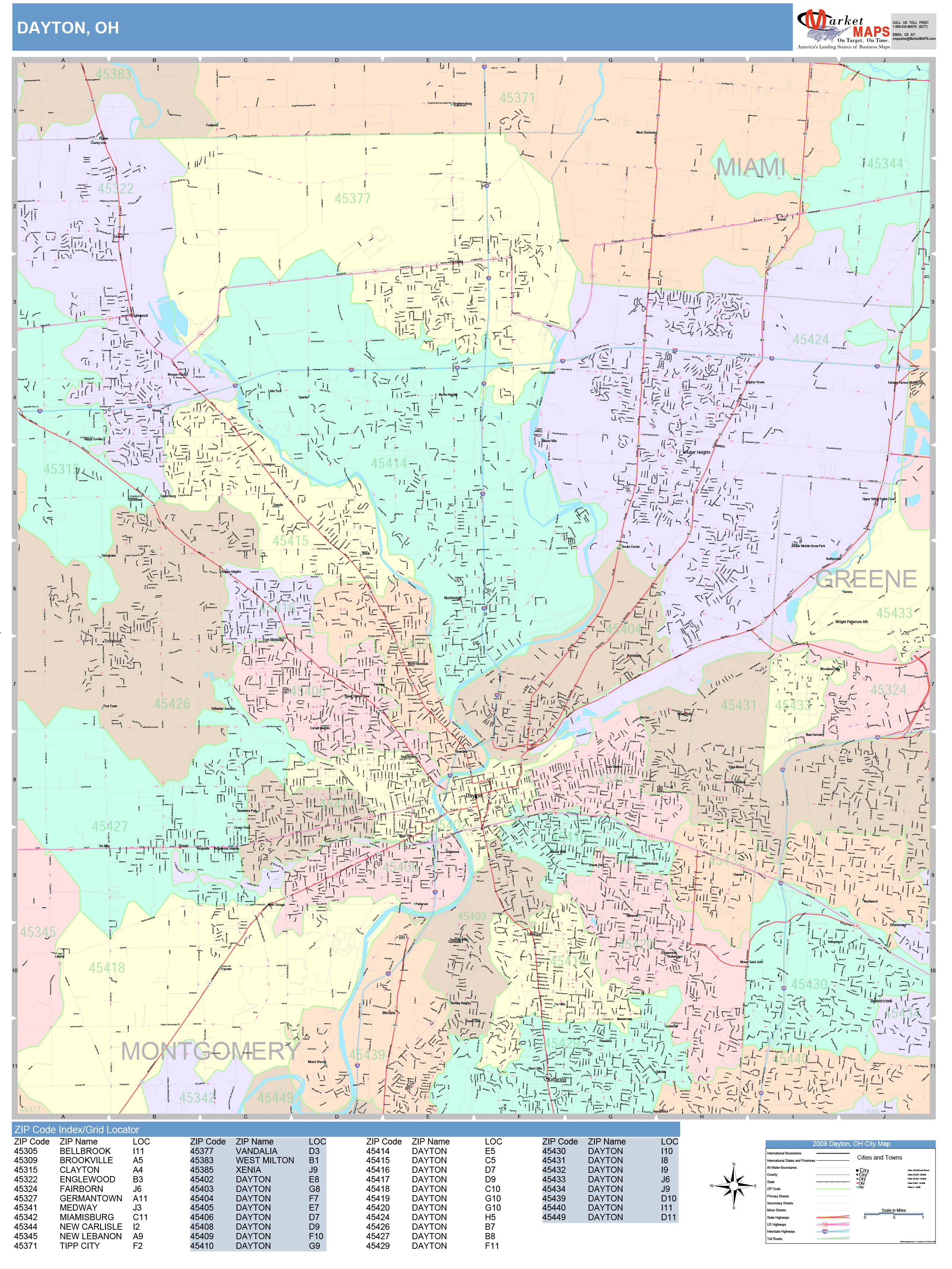 Dayton Ohio Wall Map Color Cast Style By Marketmaps Mapsales 1985