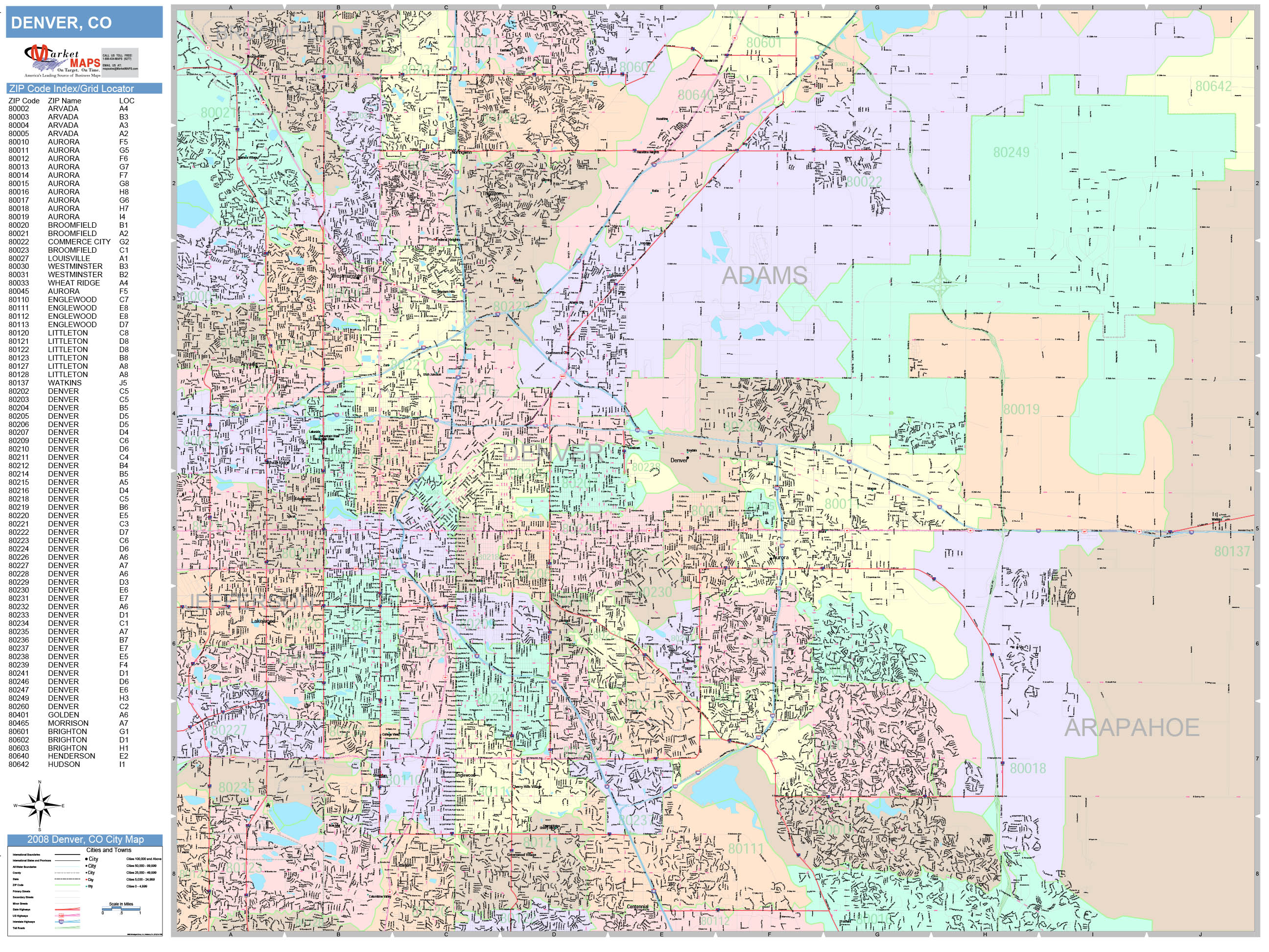 Denver Colorado Wall Map (Color Cast Style) by MarketMAPS - MapSales.com